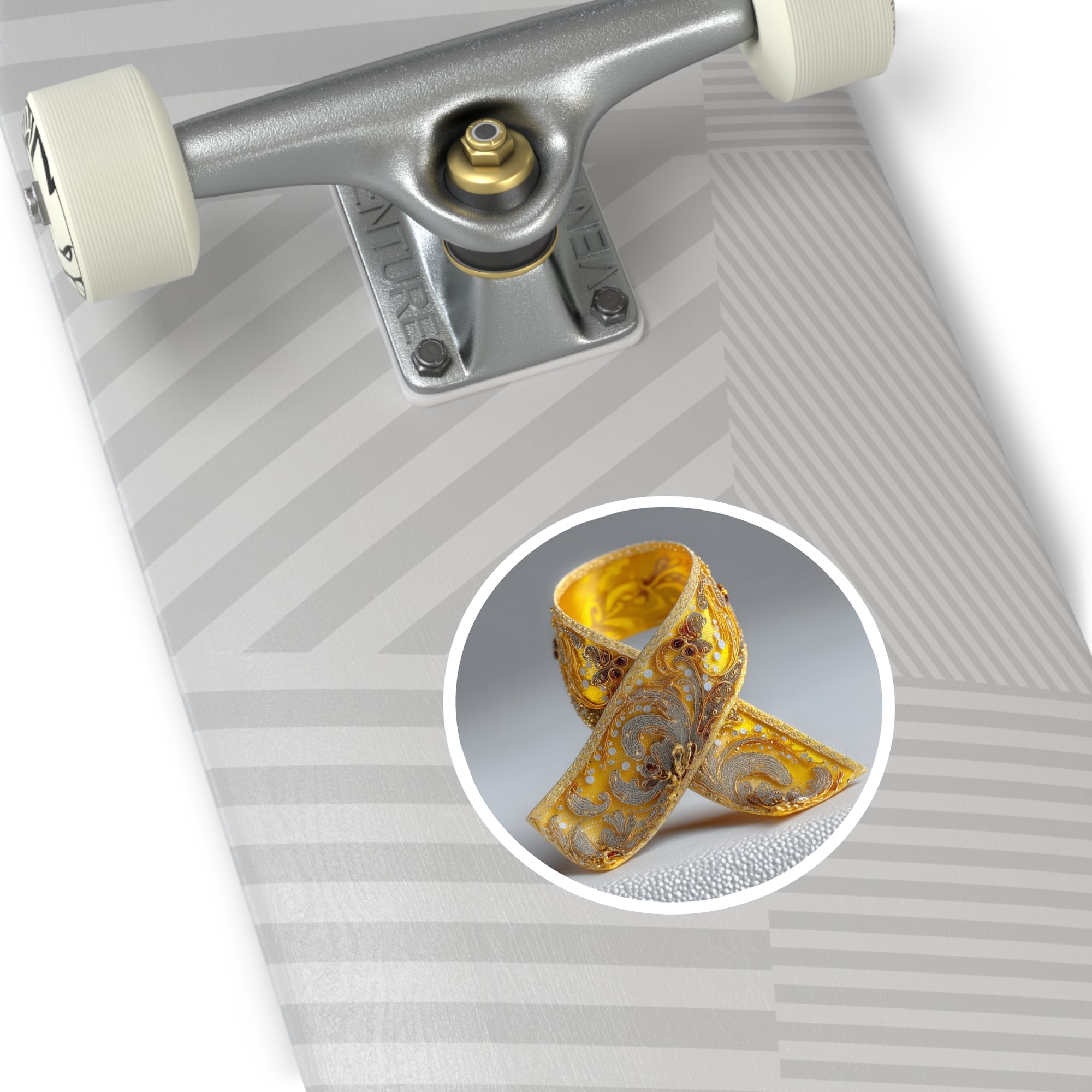 Golden Awareness Ribbon Sticker, Ornate Support Design, Elegant Symbol, Decorative Art