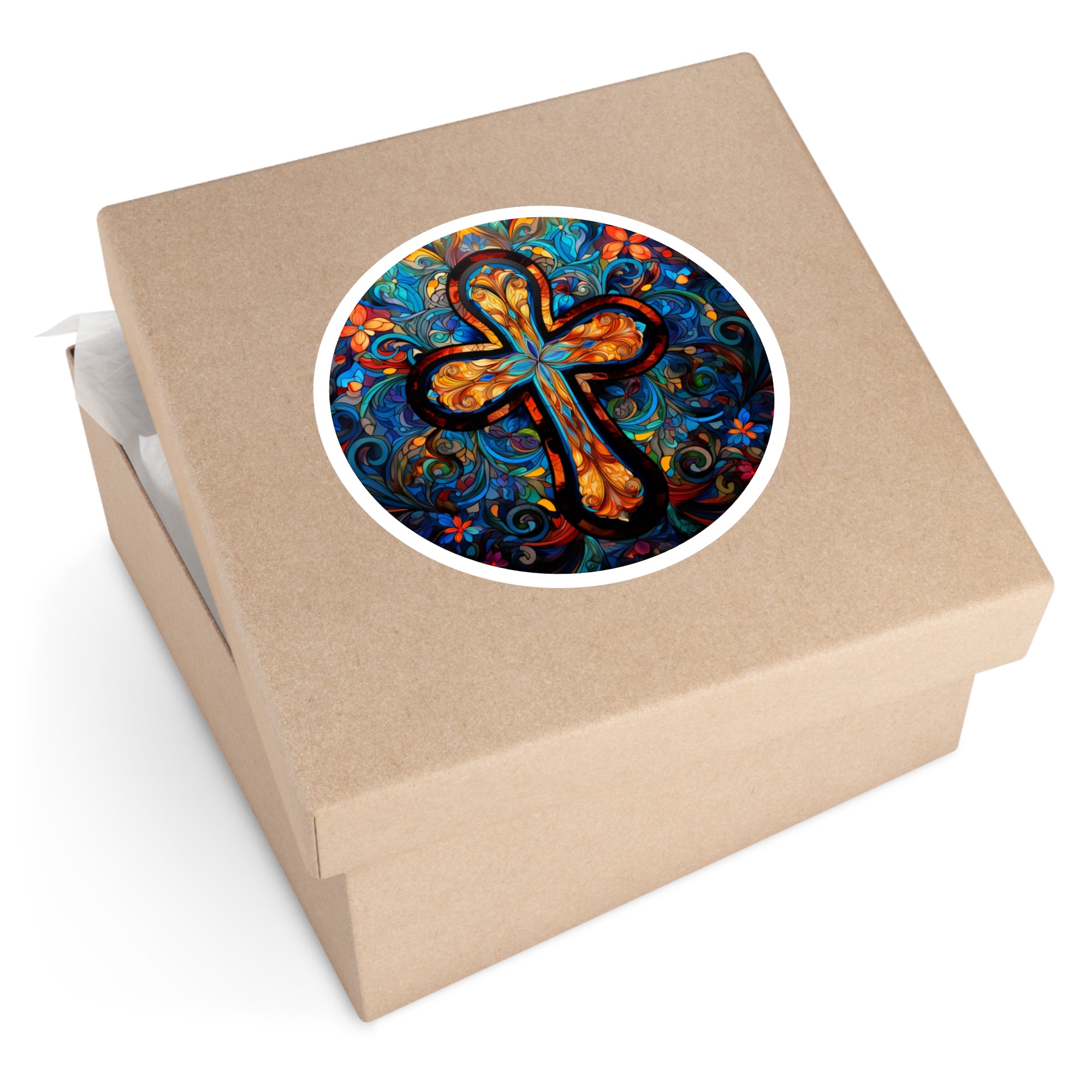 Stained Glass Cross Sticker, Colorful Art Style, Faith Gift
