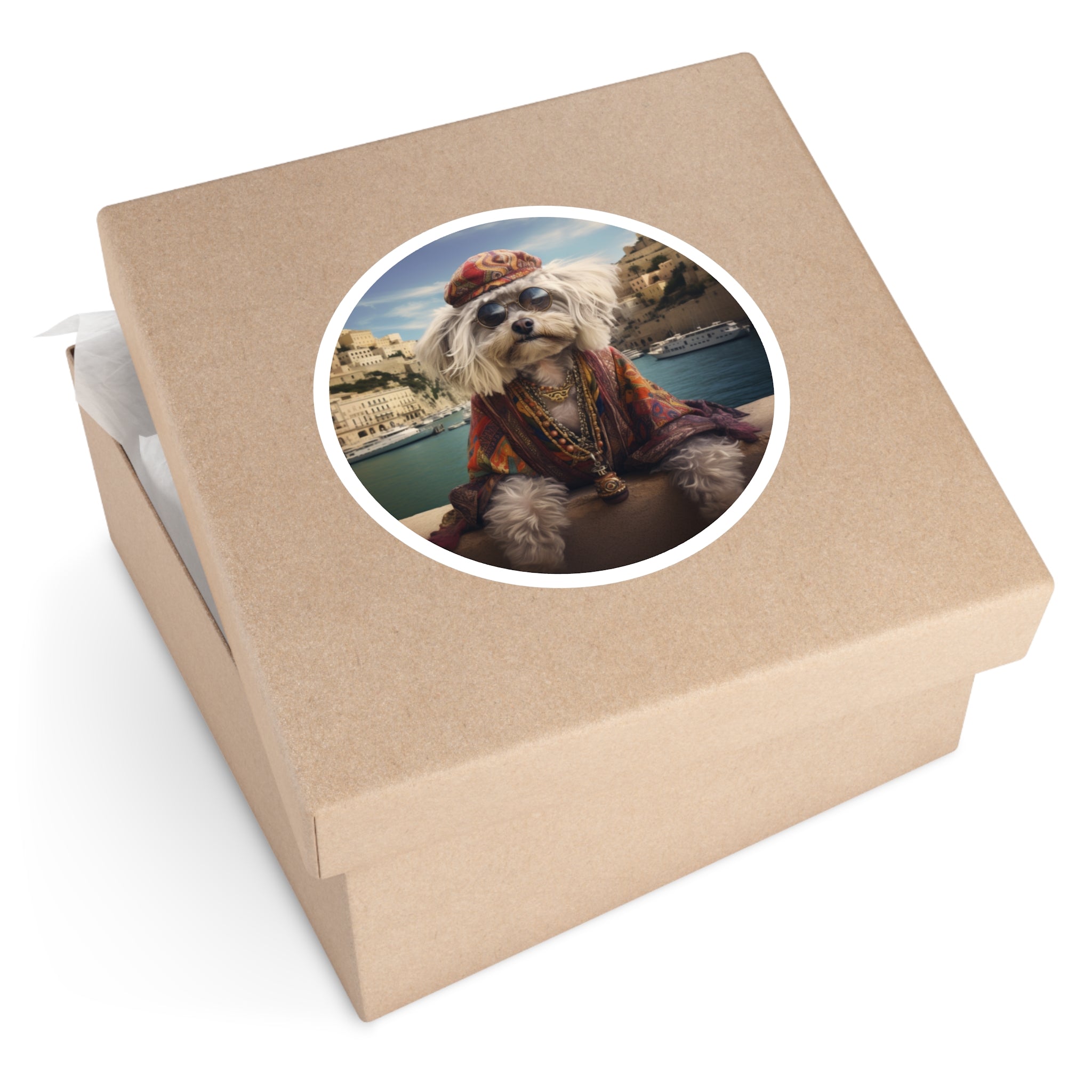 Bohemian Maltese Dog Sticker, Hippie Pup Art, Travel Design, Fun Style
