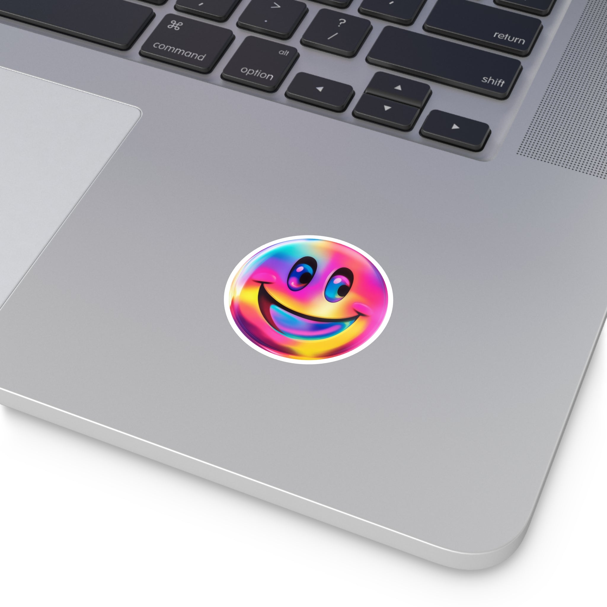 Smiley face sticker, colorful emoji art, cheerful theme, fun design