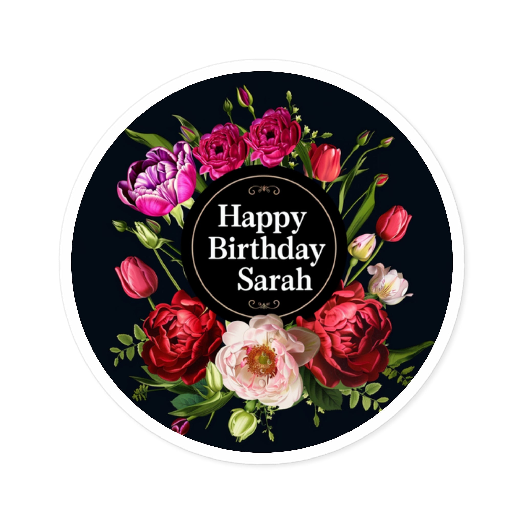 Happy Birthday Sarah Sticker, Floral Design, Elegant Flower Art, Celebration Gift