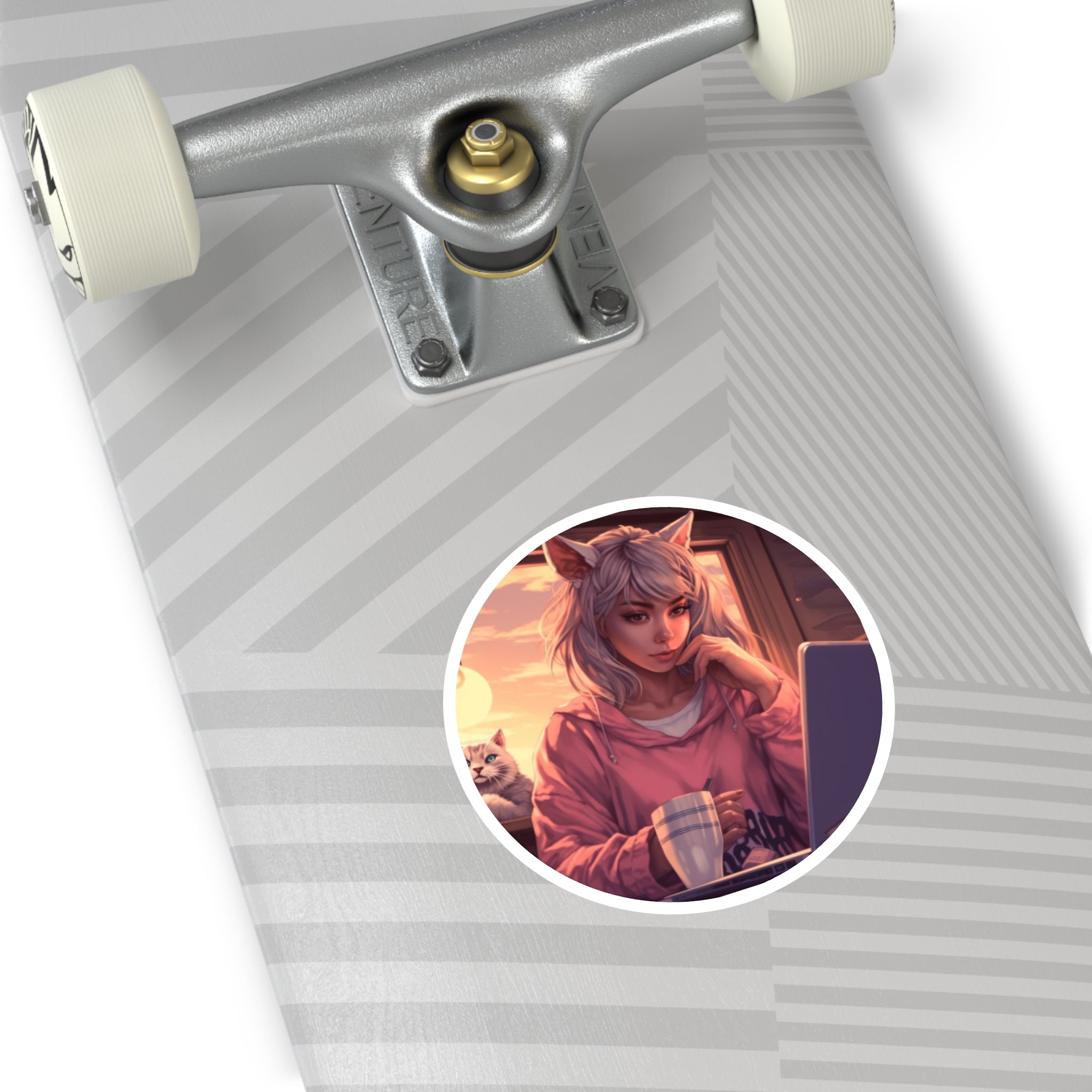 Cat Girl at Laptop, Cozy Anime Sticker, Study Vibes, Coffee Moment