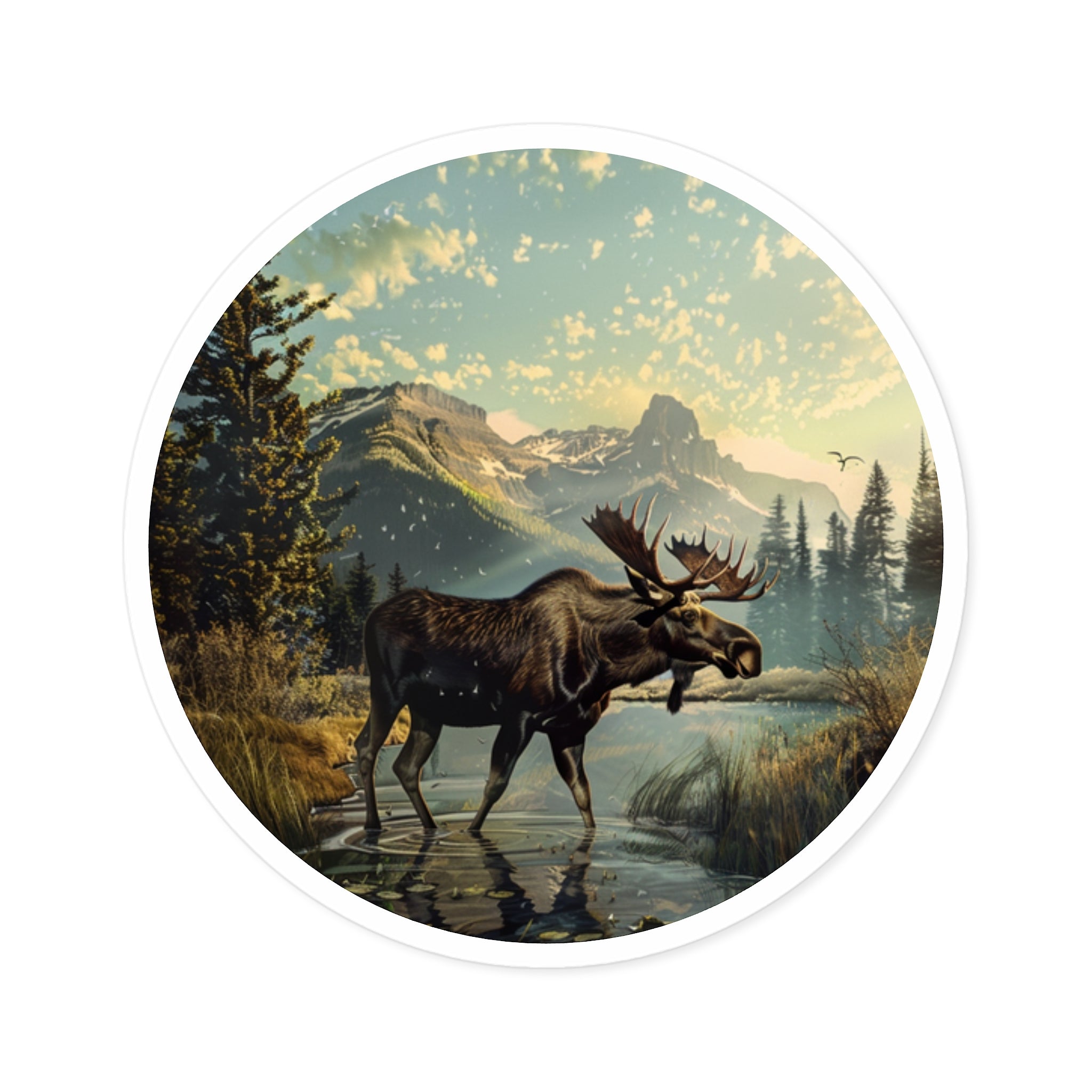 Moose in the Wild, Nature Landscape Sticker, Mountain Scene, Wildlife Art