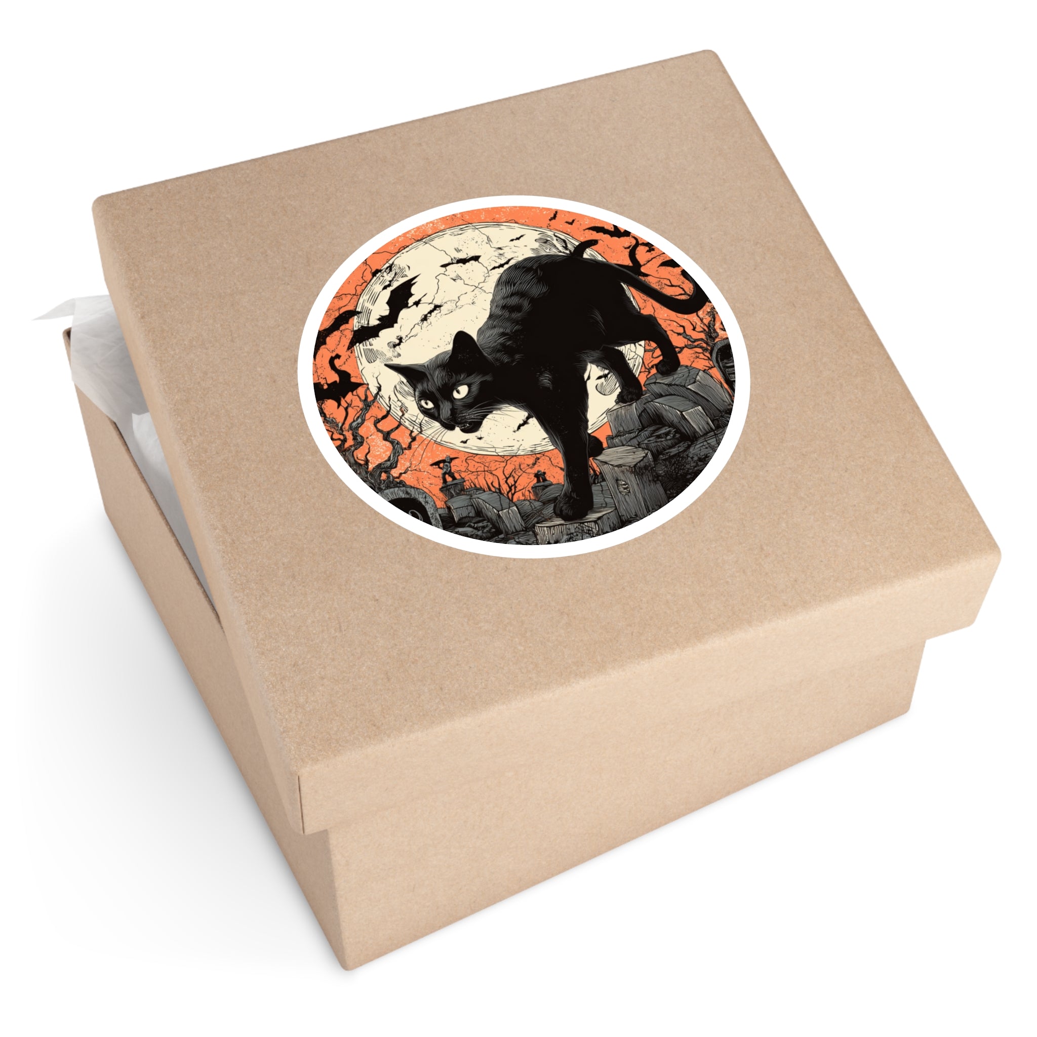 Black Cat Halloween Sticker, Full Moon Scene, Spooky Season Art