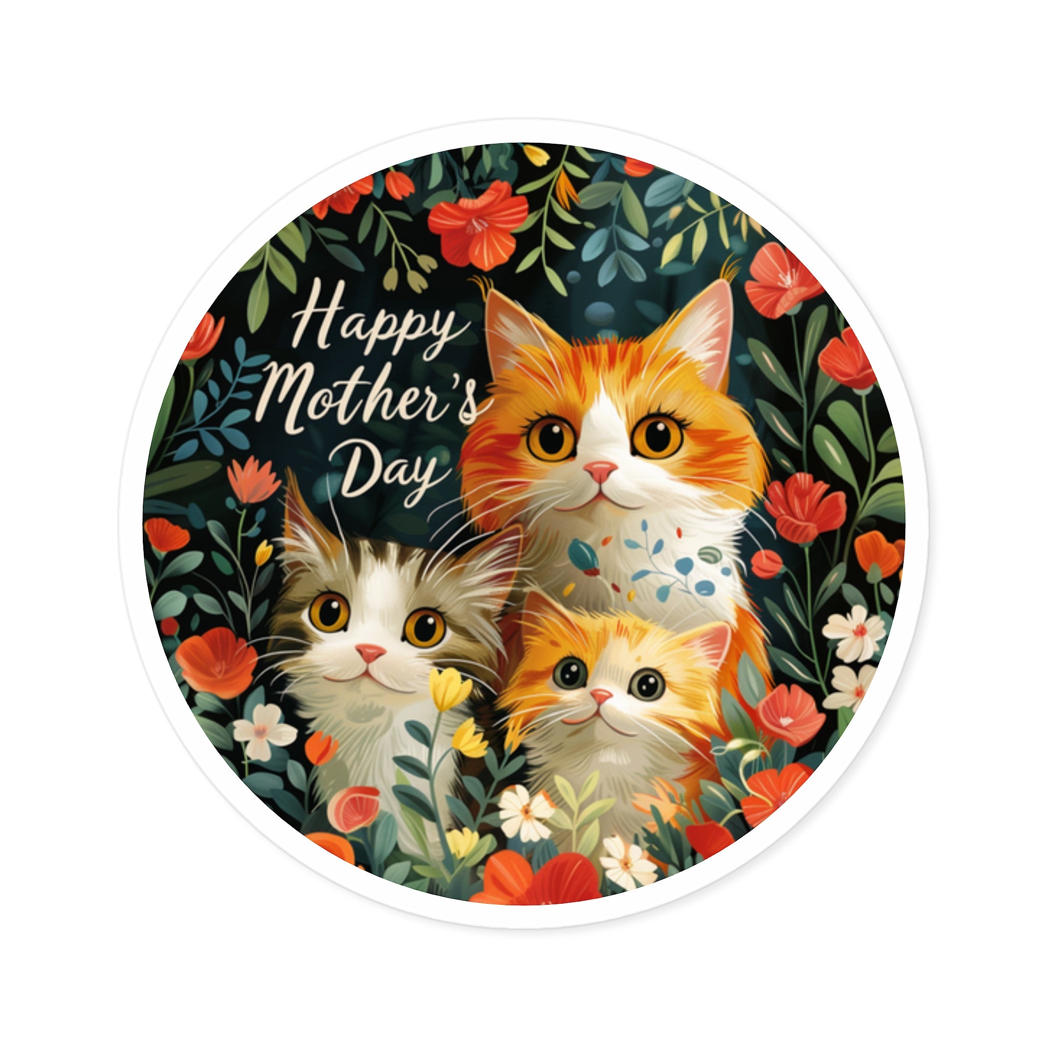 Happy Mother’s Day Sticker, Cat Family Art, Floral Design, Cute Pet Gift