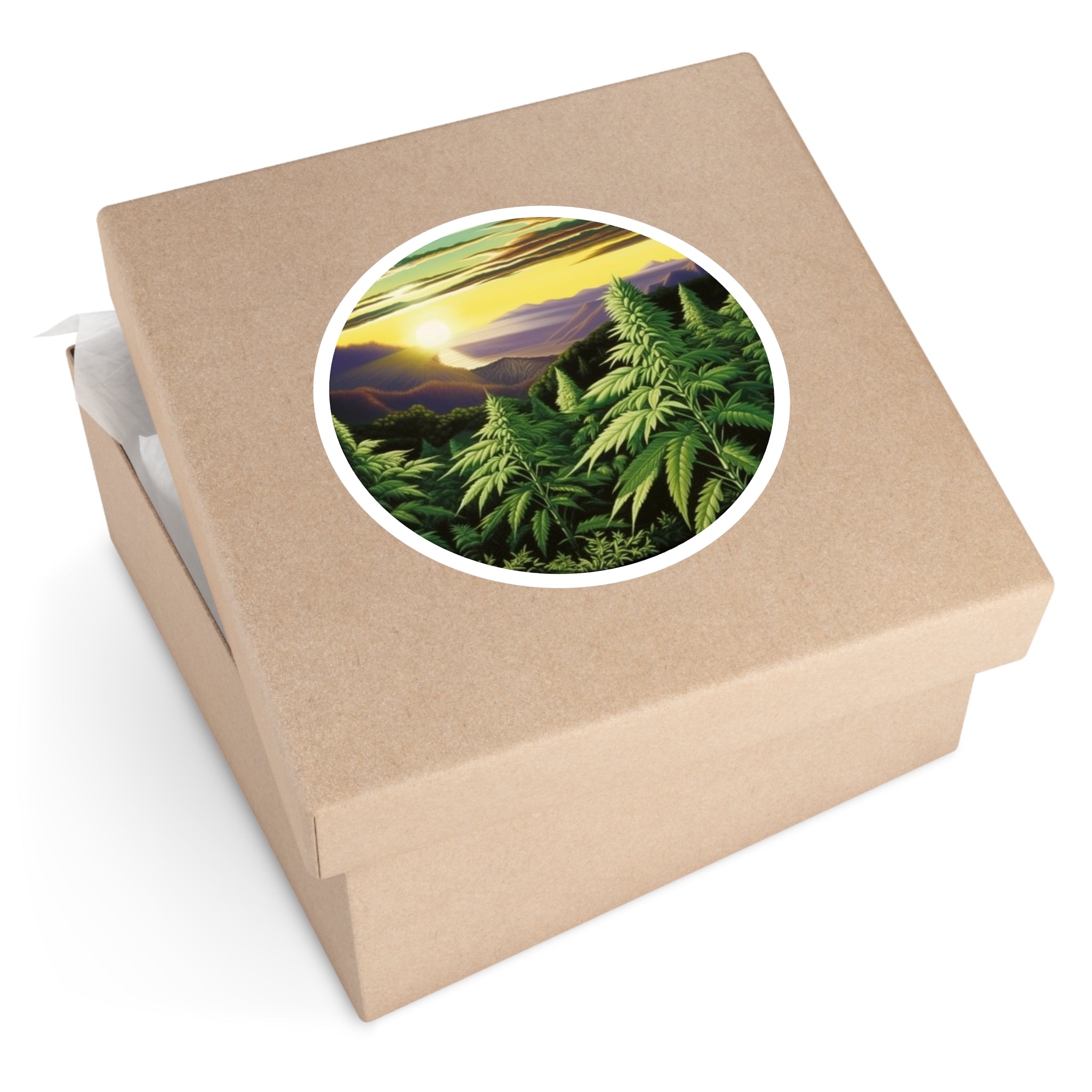 Cannabis Plants on Mountain Ridge, Scenic Landscape Sticker, Nature Art, Outdoor Design
