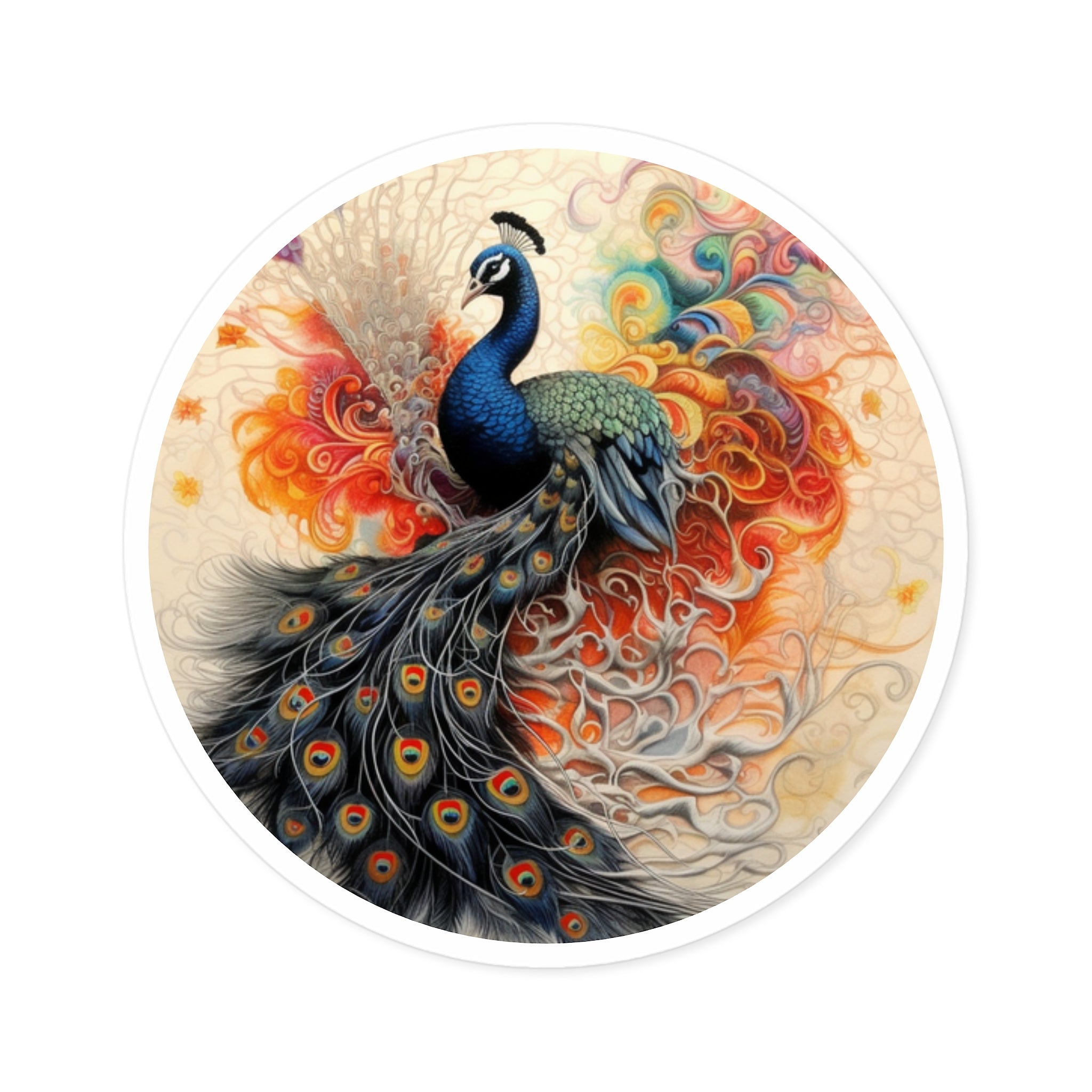 Peacock Feather Burst Sticker, Vibrant Art Design, Rainbow Feathers, Exotic Style