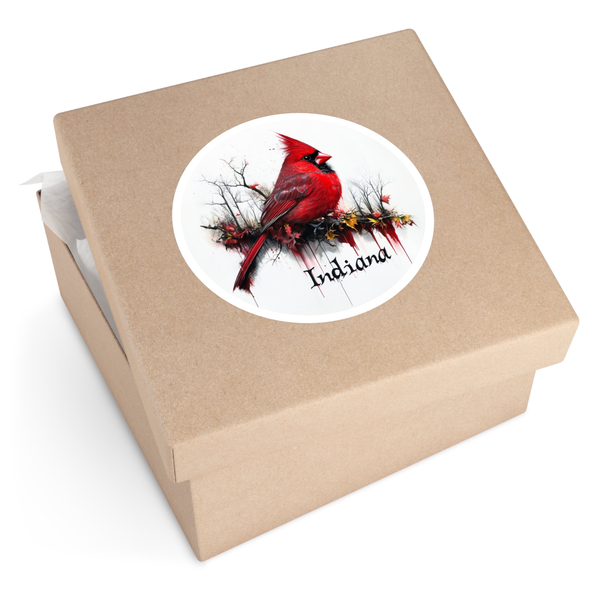 Indiana Cardinal Art Sticker, State Bird Design, Autumn Branch Theme, Realistic Style