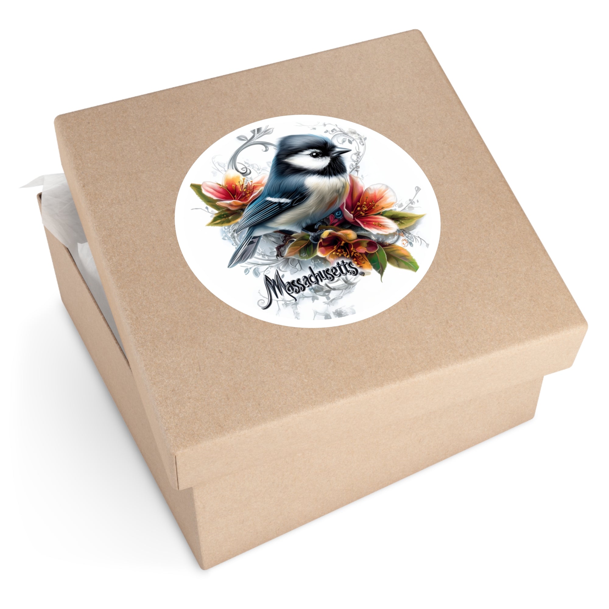 Massachusetts Chickadee, Trailing Arbutus Flower Sticker, State Bird Art, Soft Nature Design