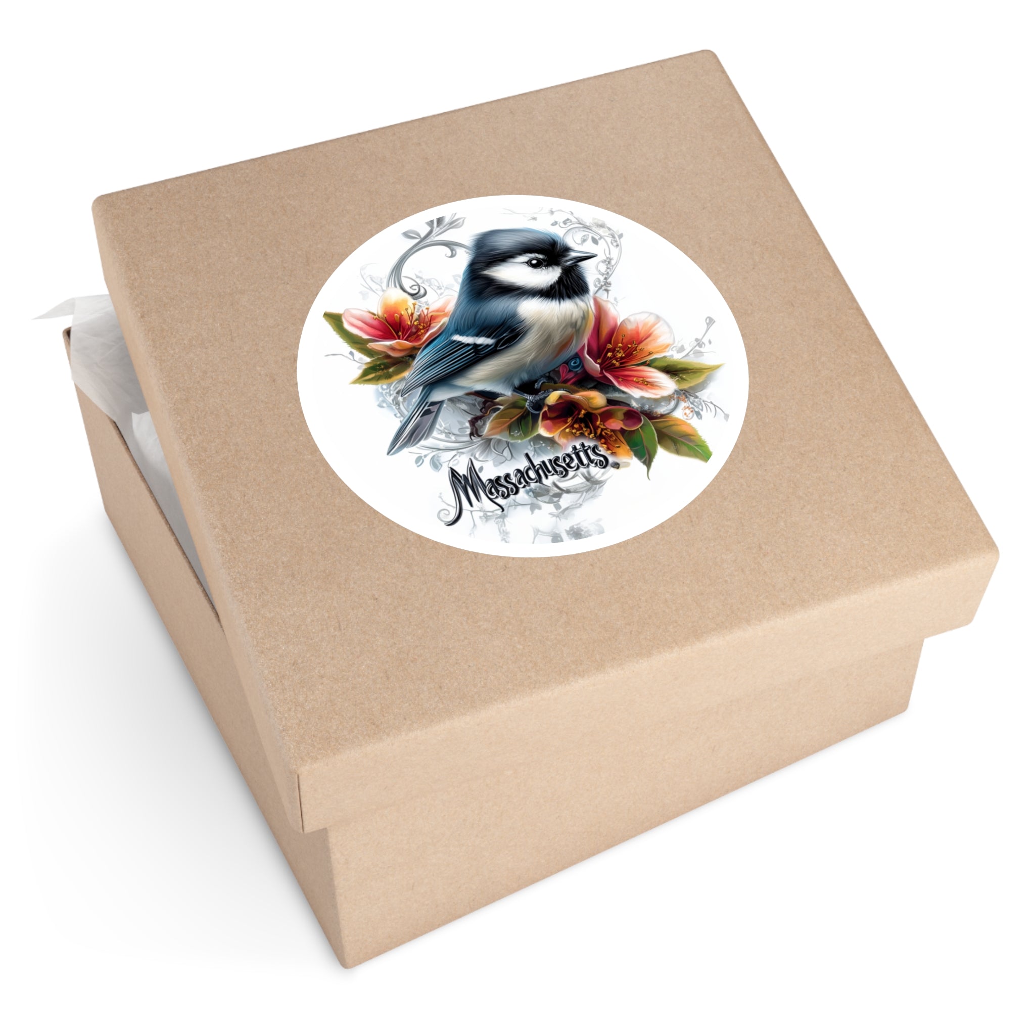 Massachusetts Chickadee, Trailing Arbutus Flower Sticker, State Bird Art, Soft Nature Design