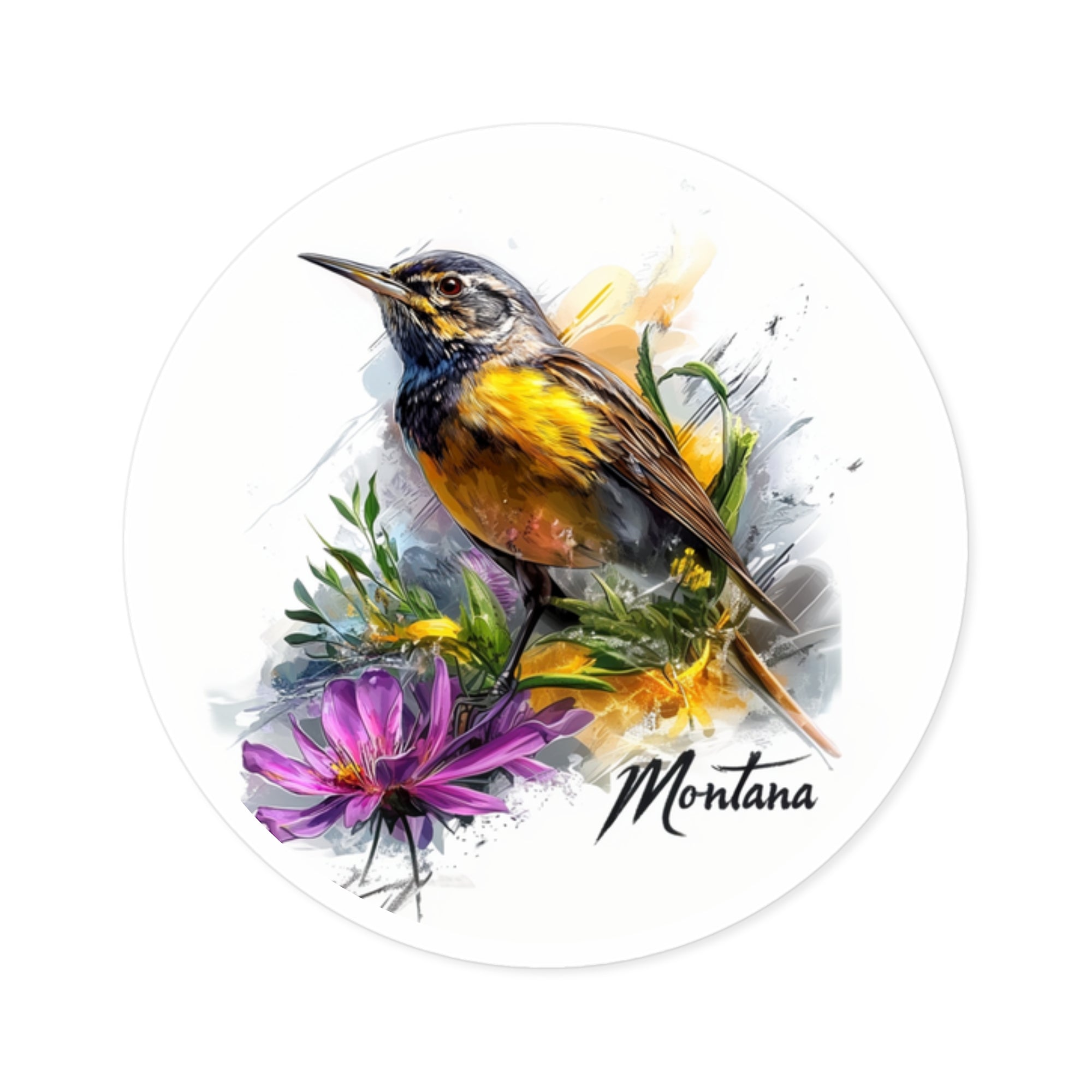 Montana Meadowlark Sticker, Bitterroot Flower Design, State Art, Nature Lover Gift