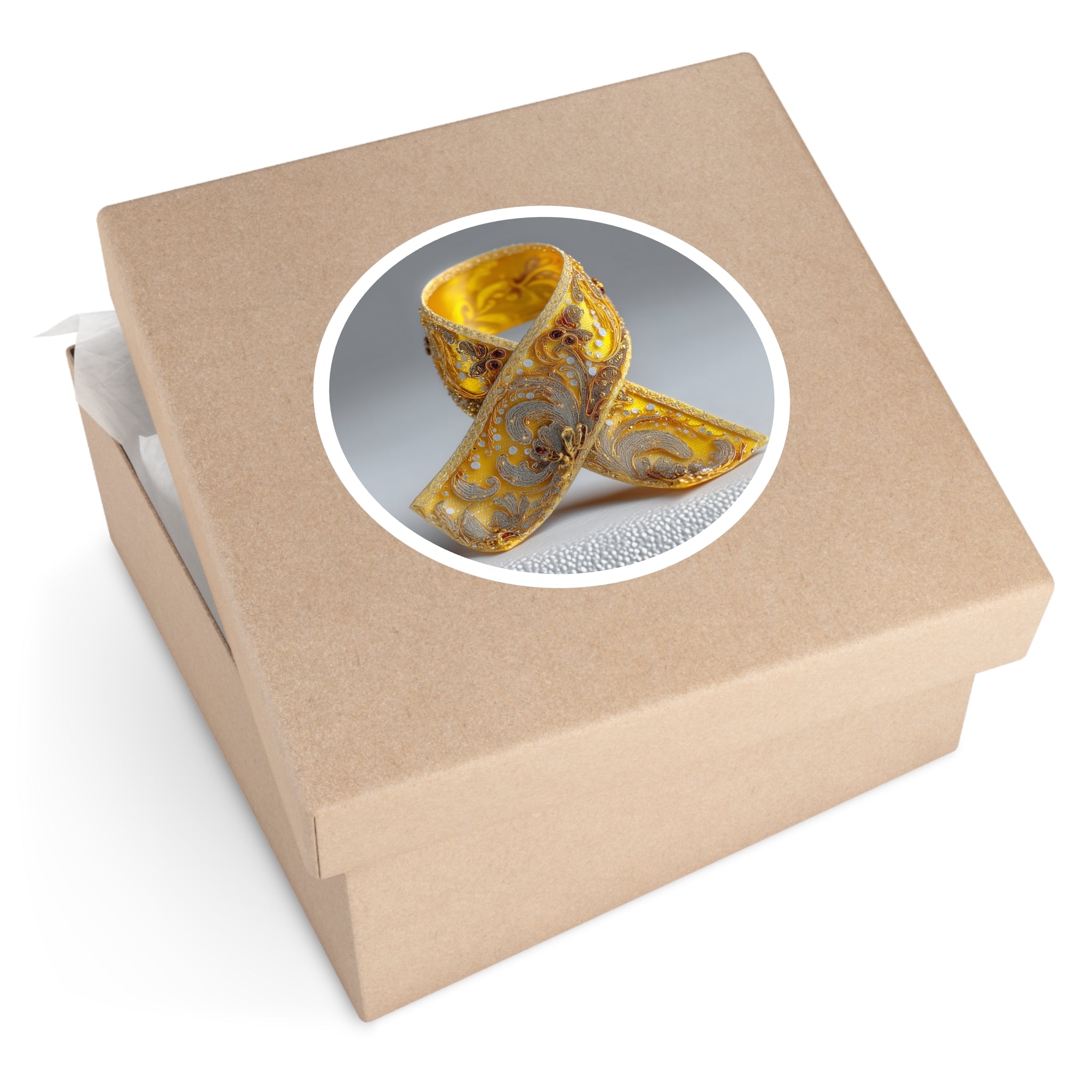 Golden Awareness Ribbon Sticker, Ornate Support Design, Elegant Symbol, Decorative Art