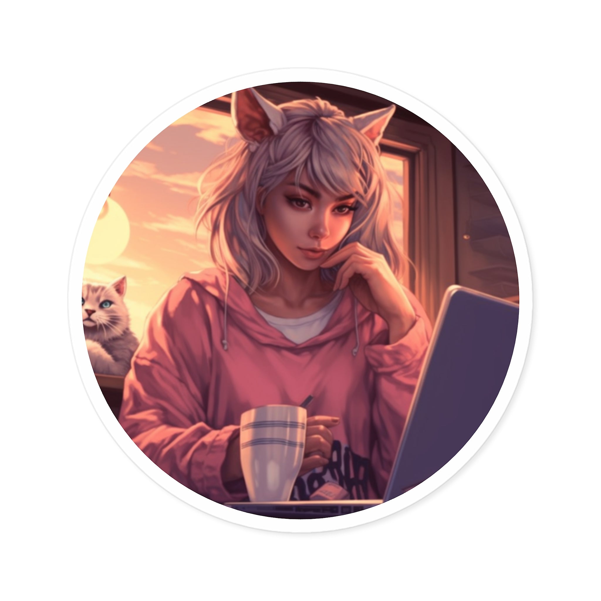 Cat Girl at Laptop, Cozy Anime Sticker, Study Vibes, Coffee Moment