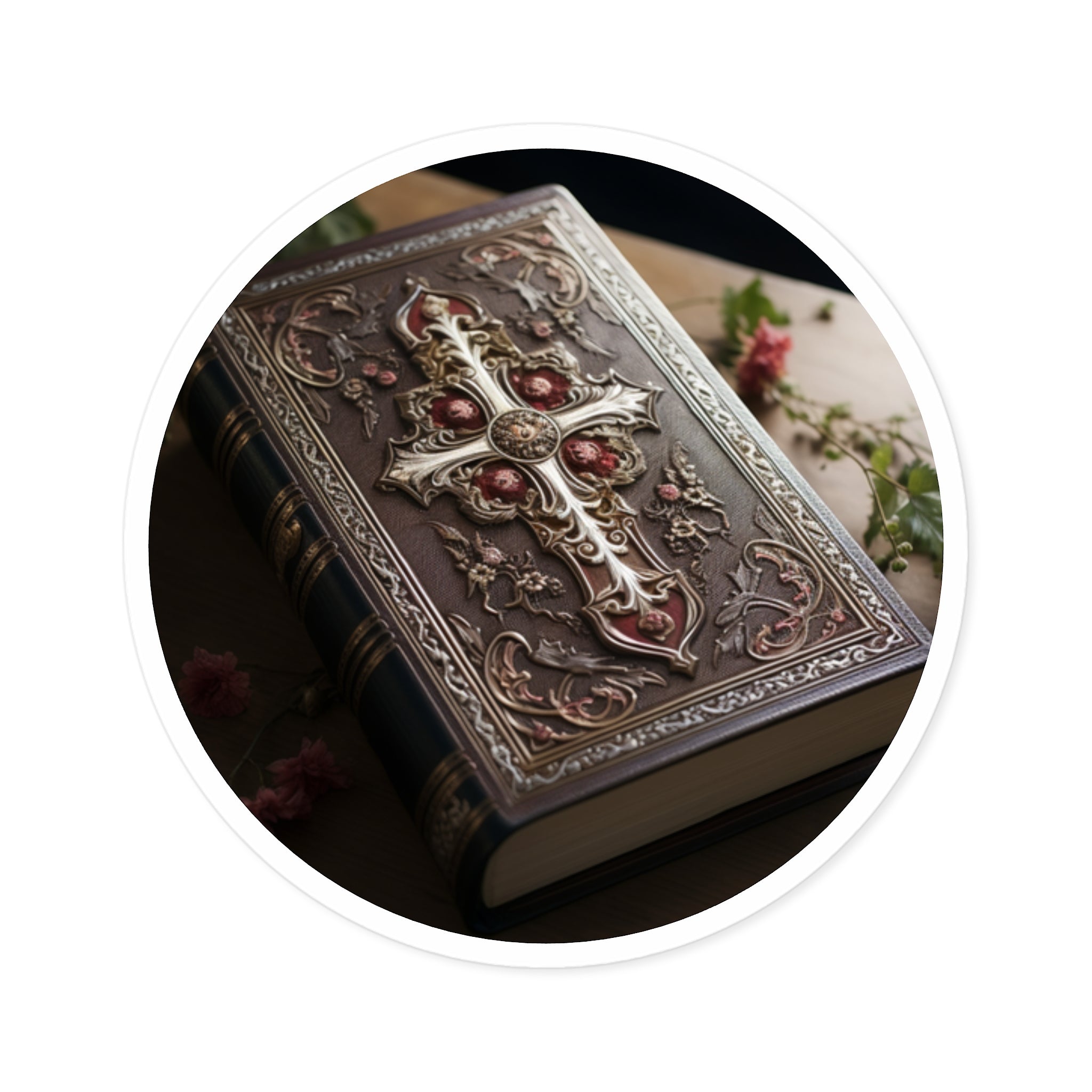 Sacred Book, Ornate Cross Bible Sticker, Journal or Laptop, Faithful Keepsake