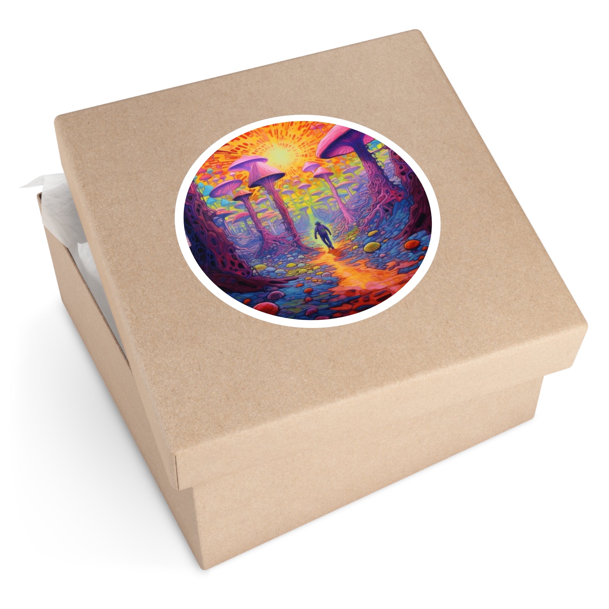 Mushroom Forest Path, Psychedelic Art Sticker, Trippy Nature Scene