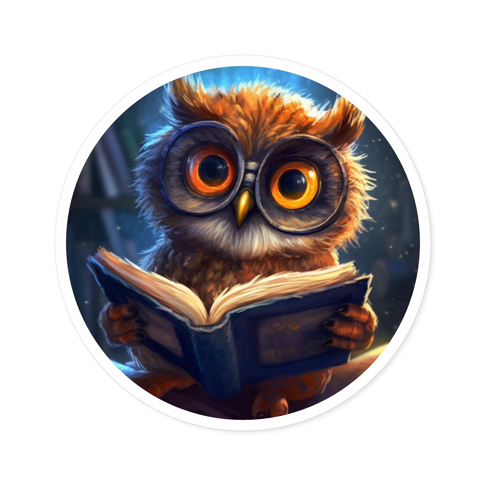 Cute Owl Reading Book, Whimsical Animal Sticker, Cozy Art, Fun Decor