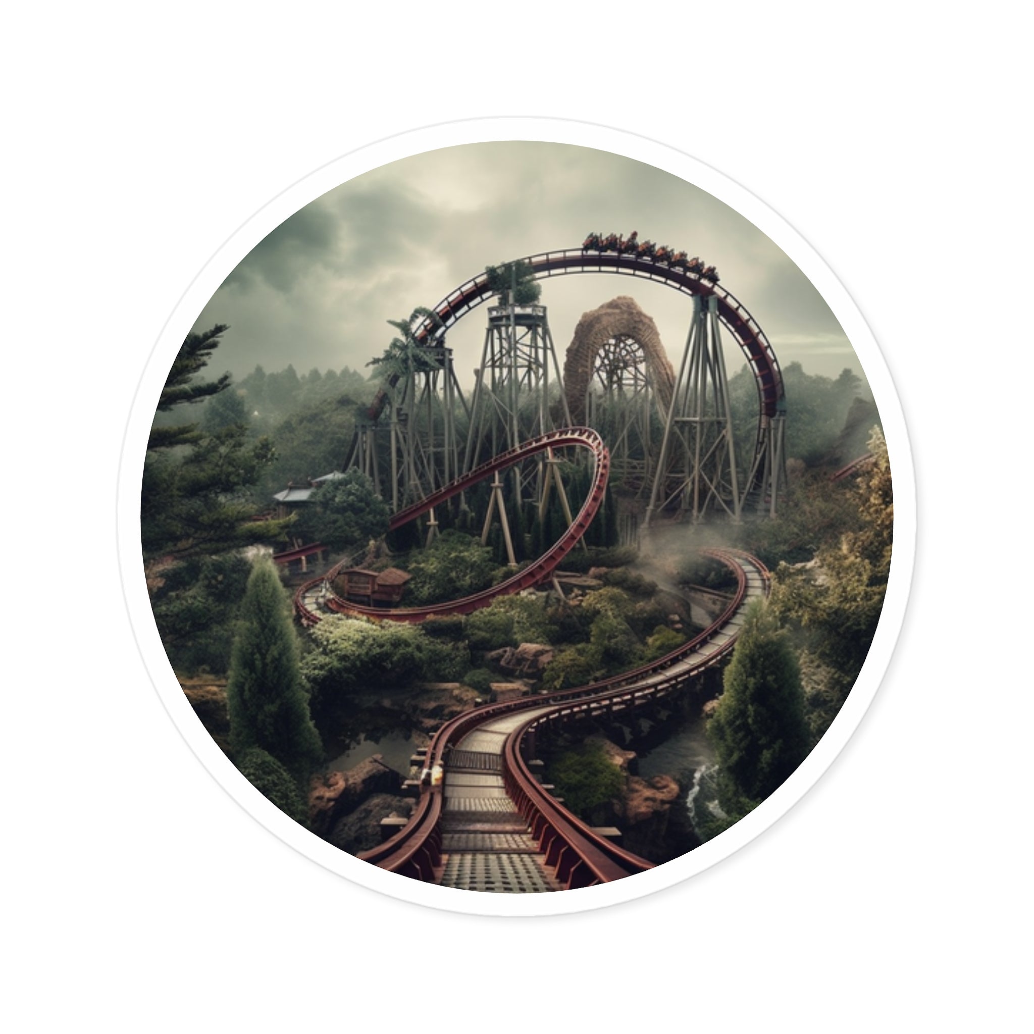 Forest Loop Coaster, Nature Ride Sticker, Misty Adventure Art, Tranquil Design