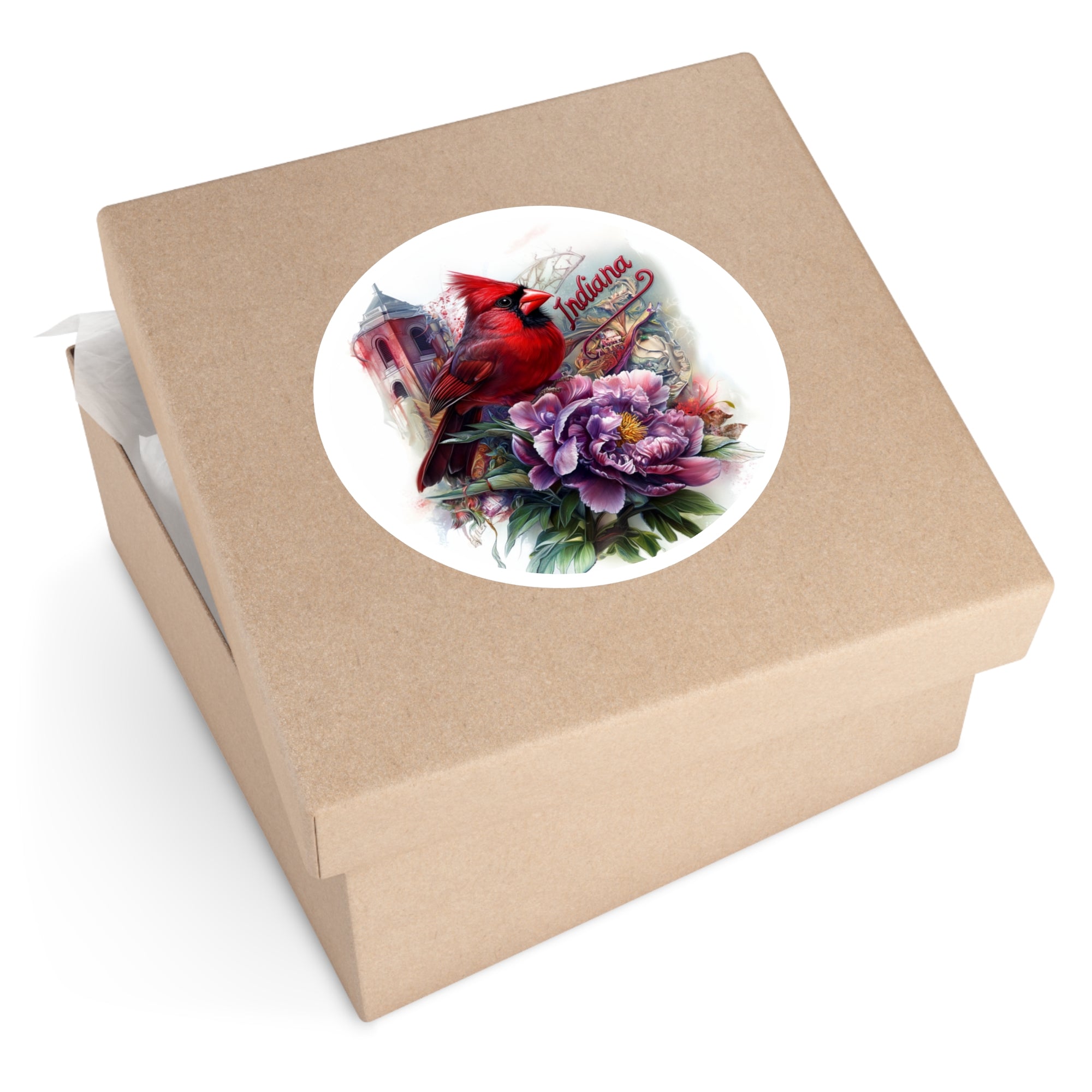 Indiana Cardinal, Peony Flower Sticker, State Bird Art, Blooming Design