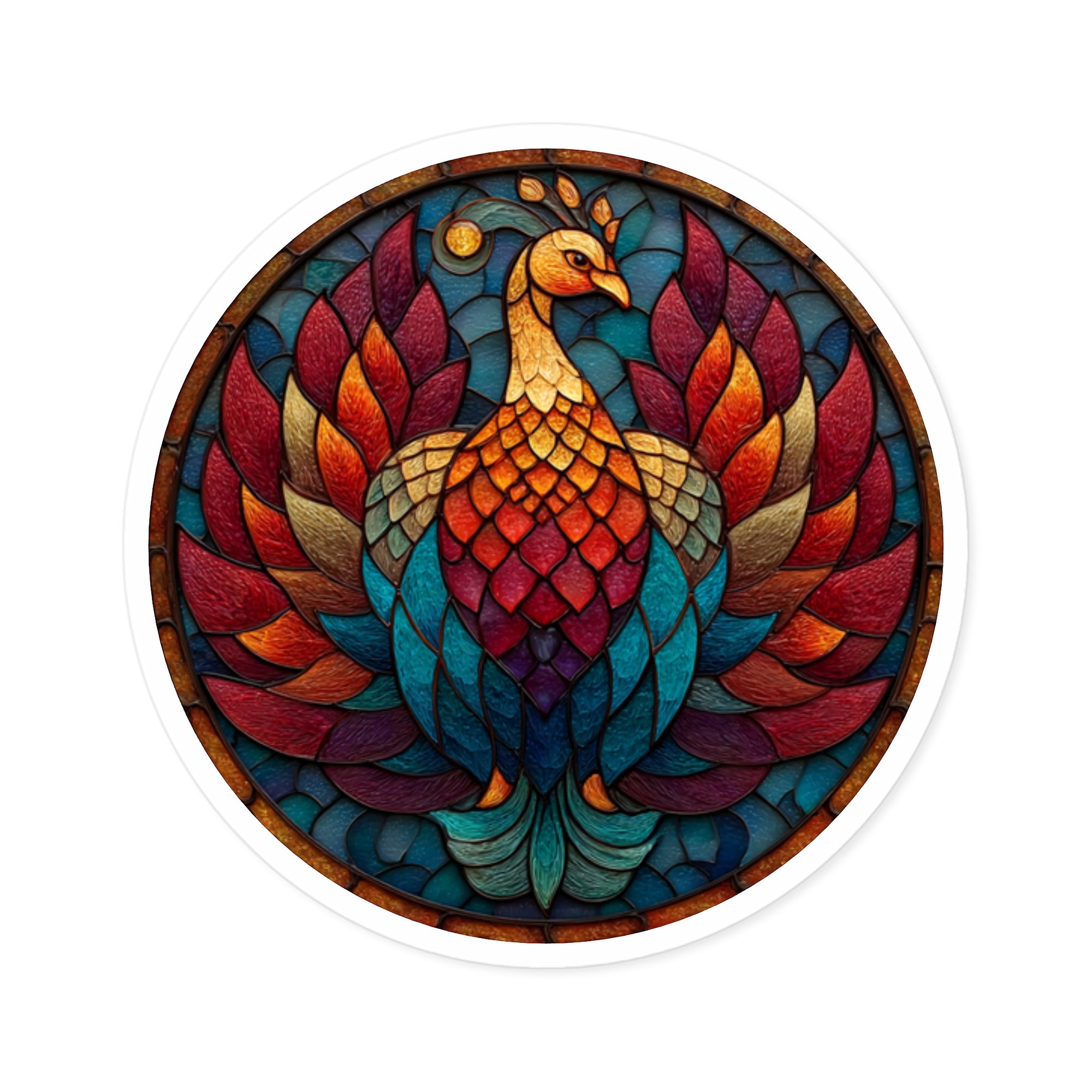 Stained Glass Peacock, Artistic Vinyl Sticker, Vibrant Bird Design for Laptop or Bottle