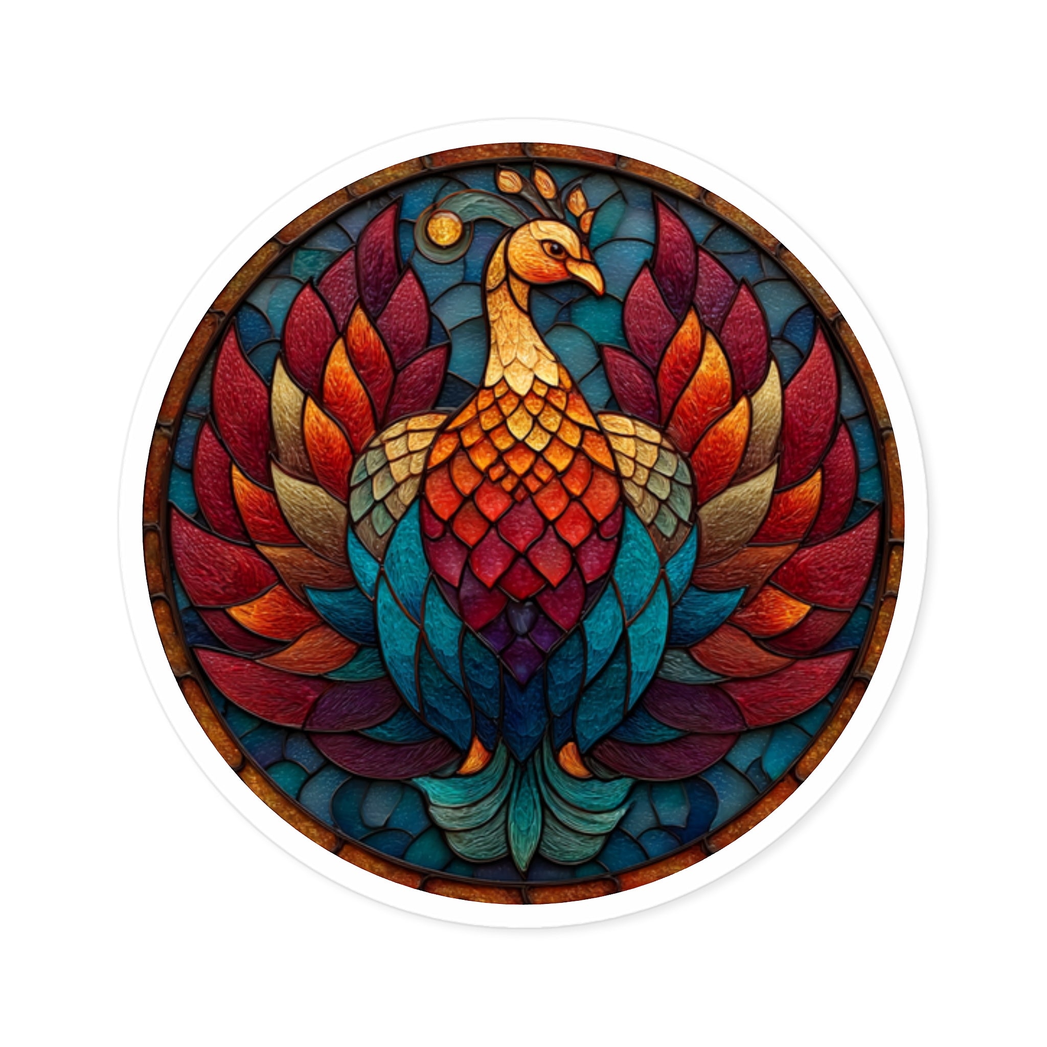 Stained Glass Peacock, Artistic Vinyl Sticker, Vibrant Bird Design for Laptop or Bottle