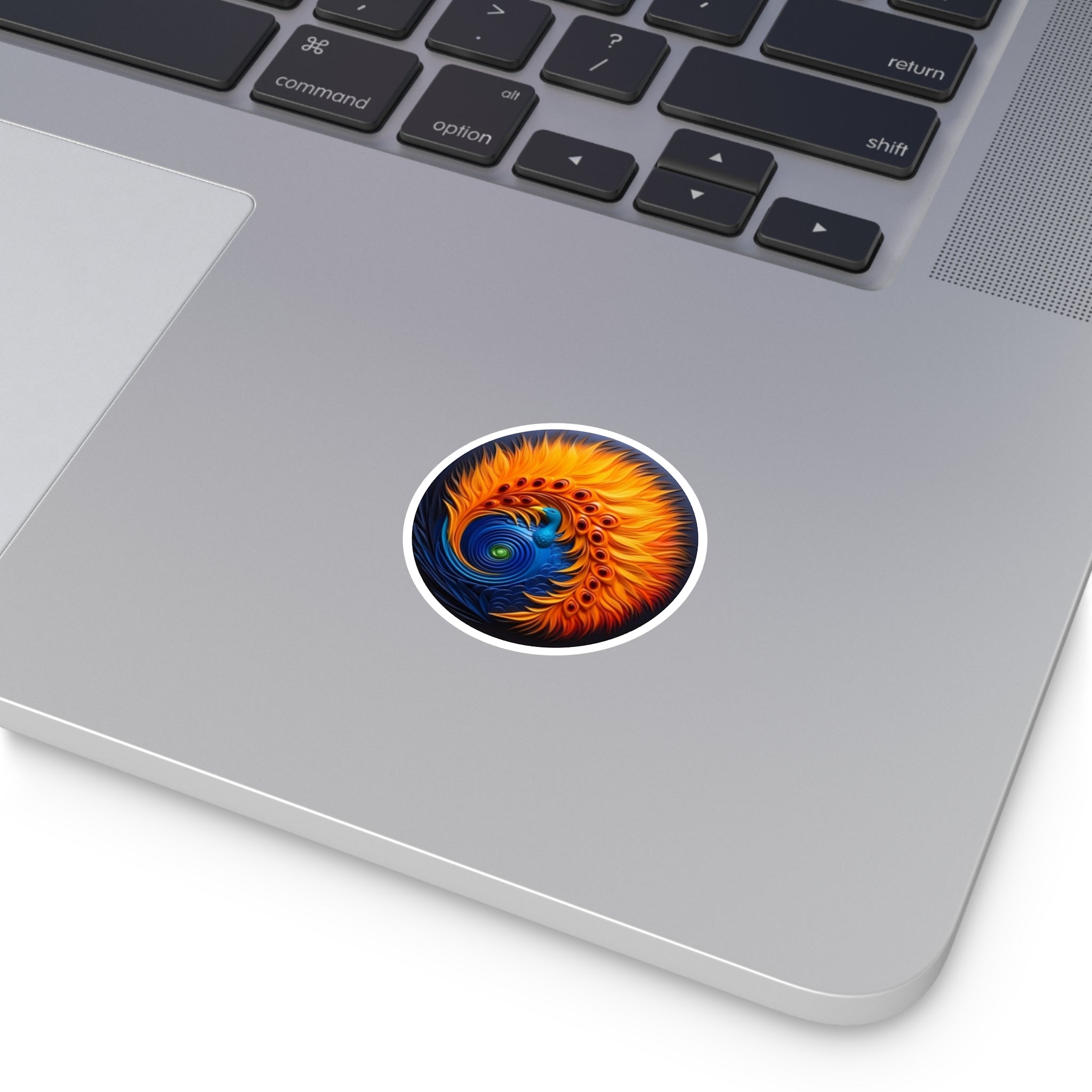 Peacock Spiral Sticker, Abstract Round Art, Vibrant Filigree Design, Decorative Symbol
