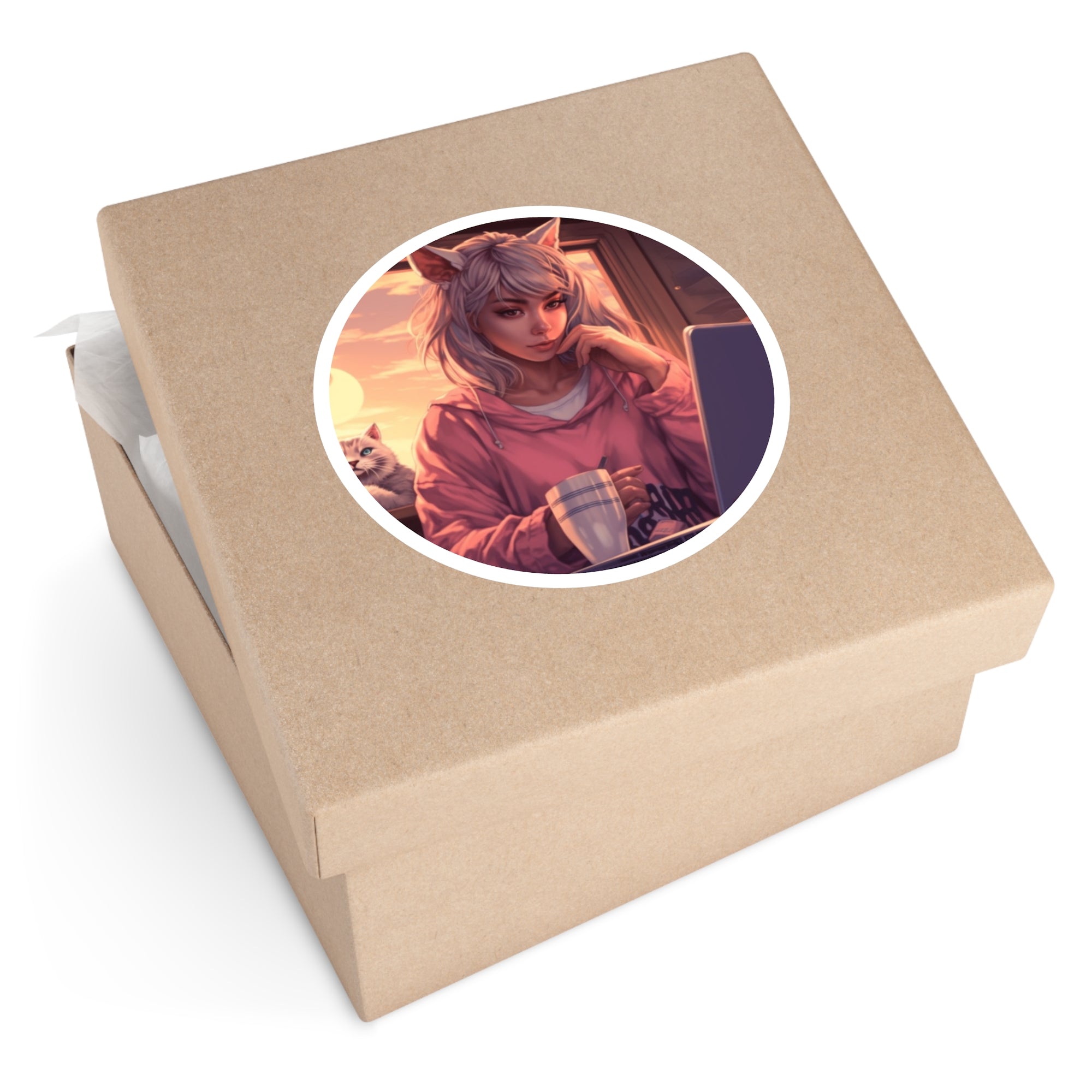 Cat Girl at Laptop, Cozy Anime Sticker, Study Vibes, Coffee Moment