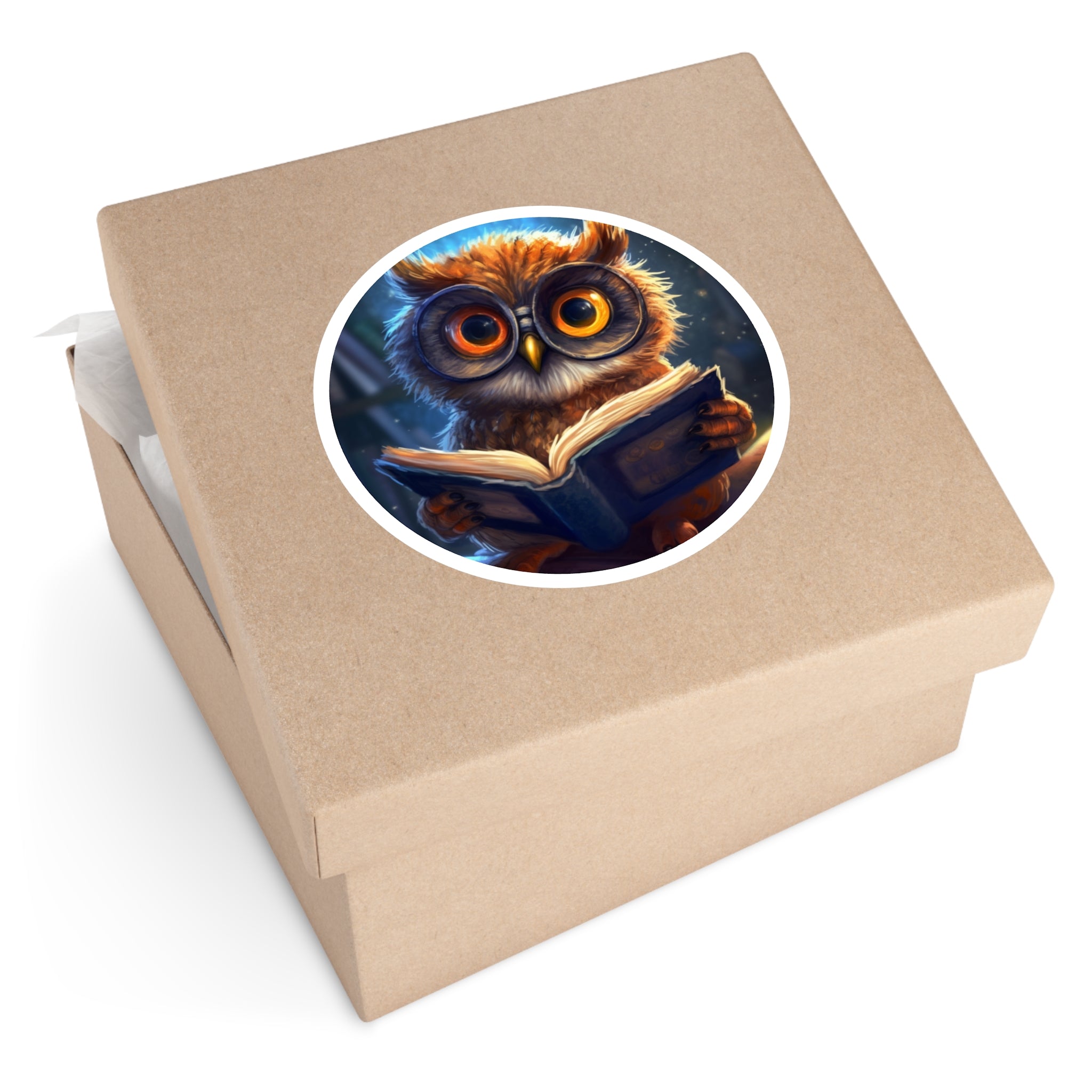 Cute Owl Reading Book, Whimsical Animal Sticker, Cozy Art, Fun Decor