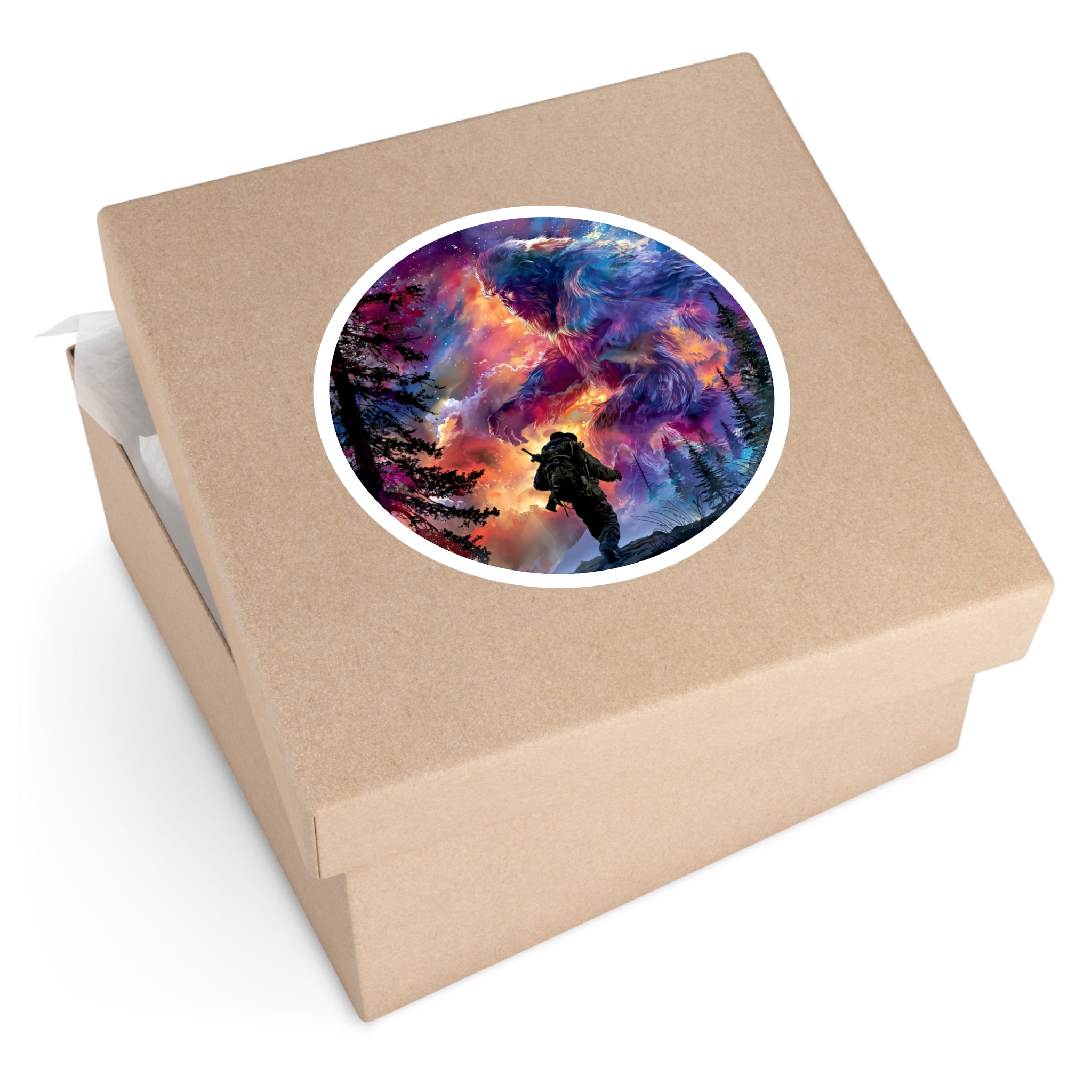 Galactic Sasquatch Sticker, Cosmic Explorer Art, Fantasy Nature Design, Surreal Landscape