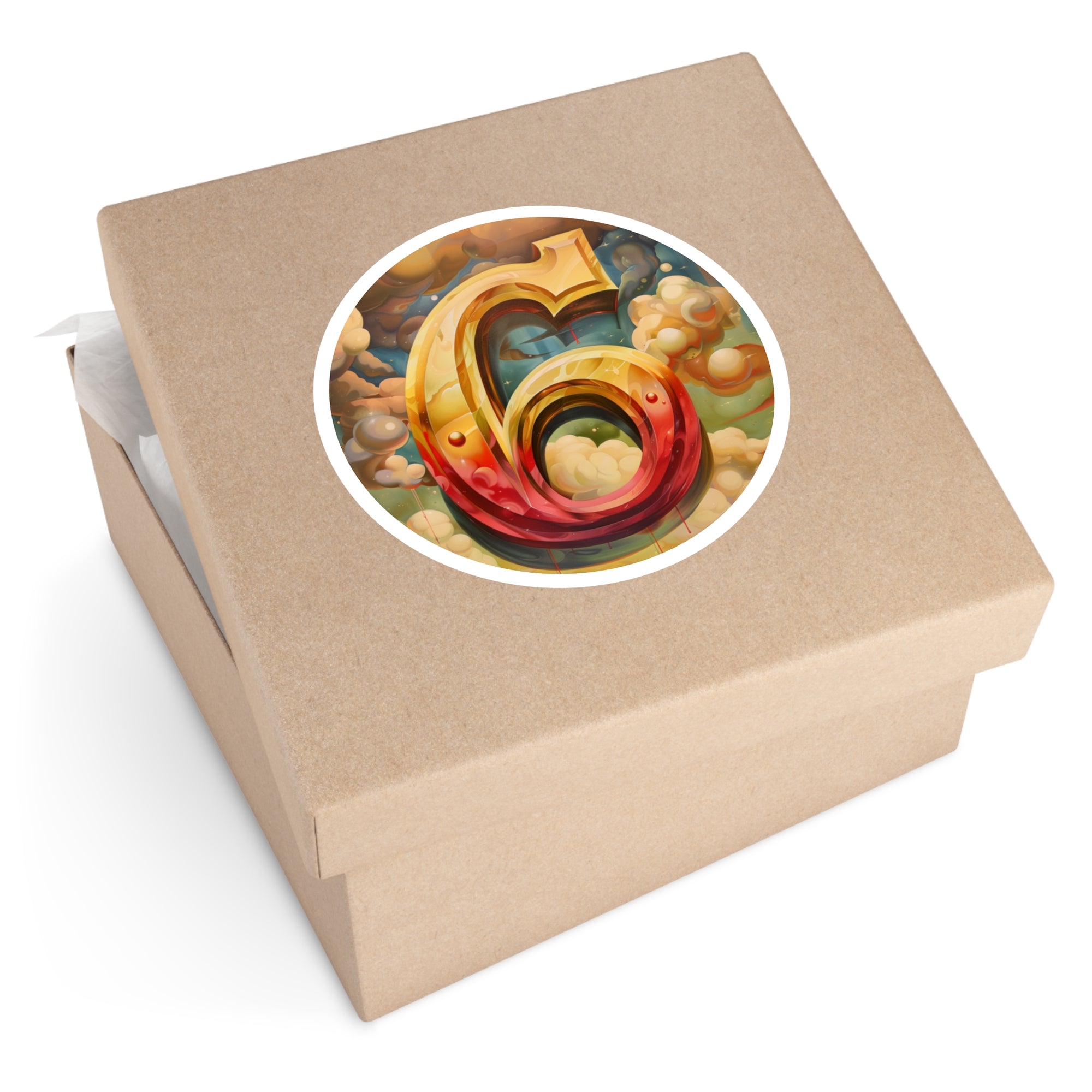 Golden Number Six Sticker, Cloudscape Art, Whimsical Design, Dreamy Aesthetic