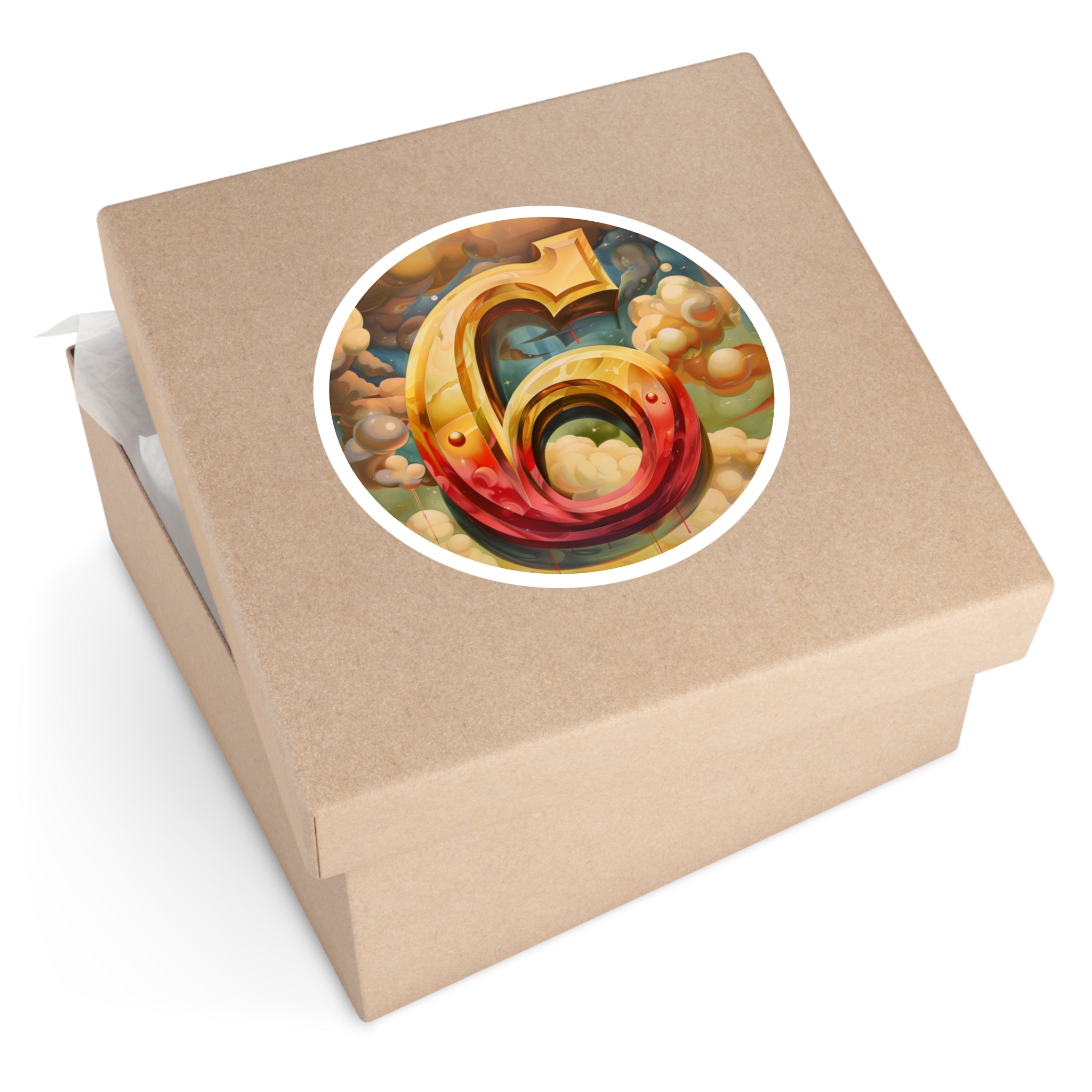 Golden Number Six Sticker, Cloudscape Art, Whimsical Design, Dreamy Aesthetic