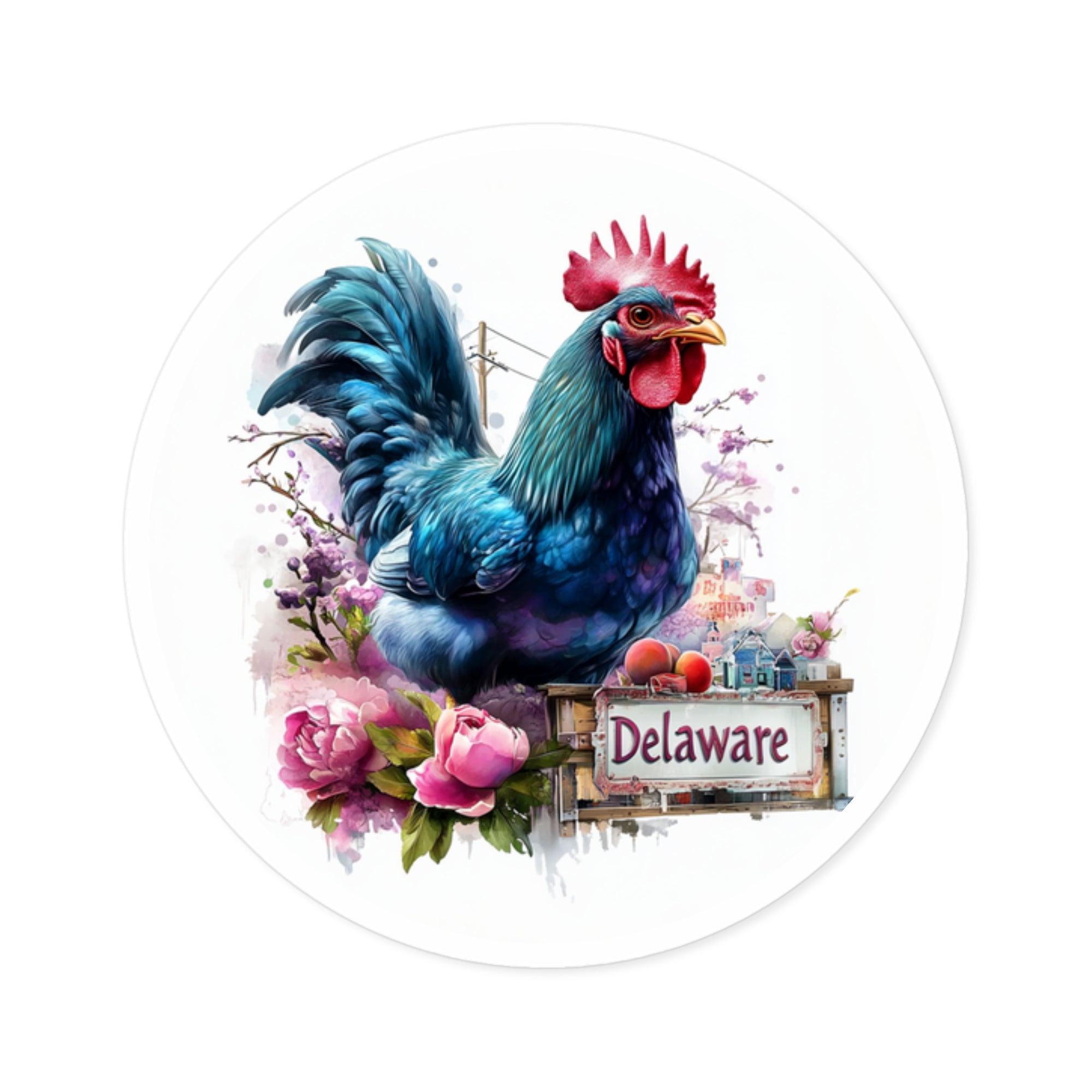 Delaware Blue Hen Chicken, Floral Sticker, State Bird Art, Farm Life Design