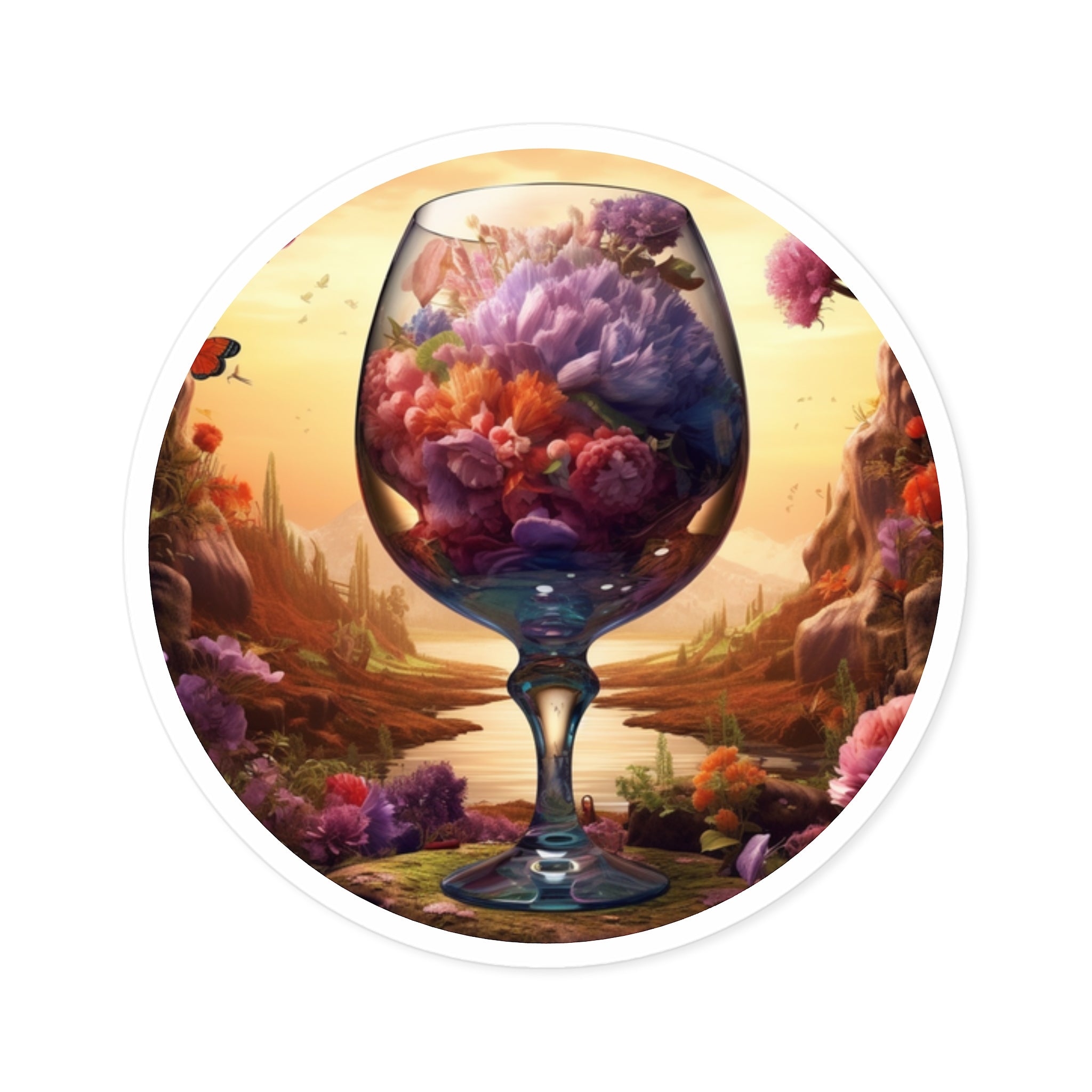Floral Fantasy in Wine Glass, Surreal Nature Sticker, Laptop Decal, Artistic Gift