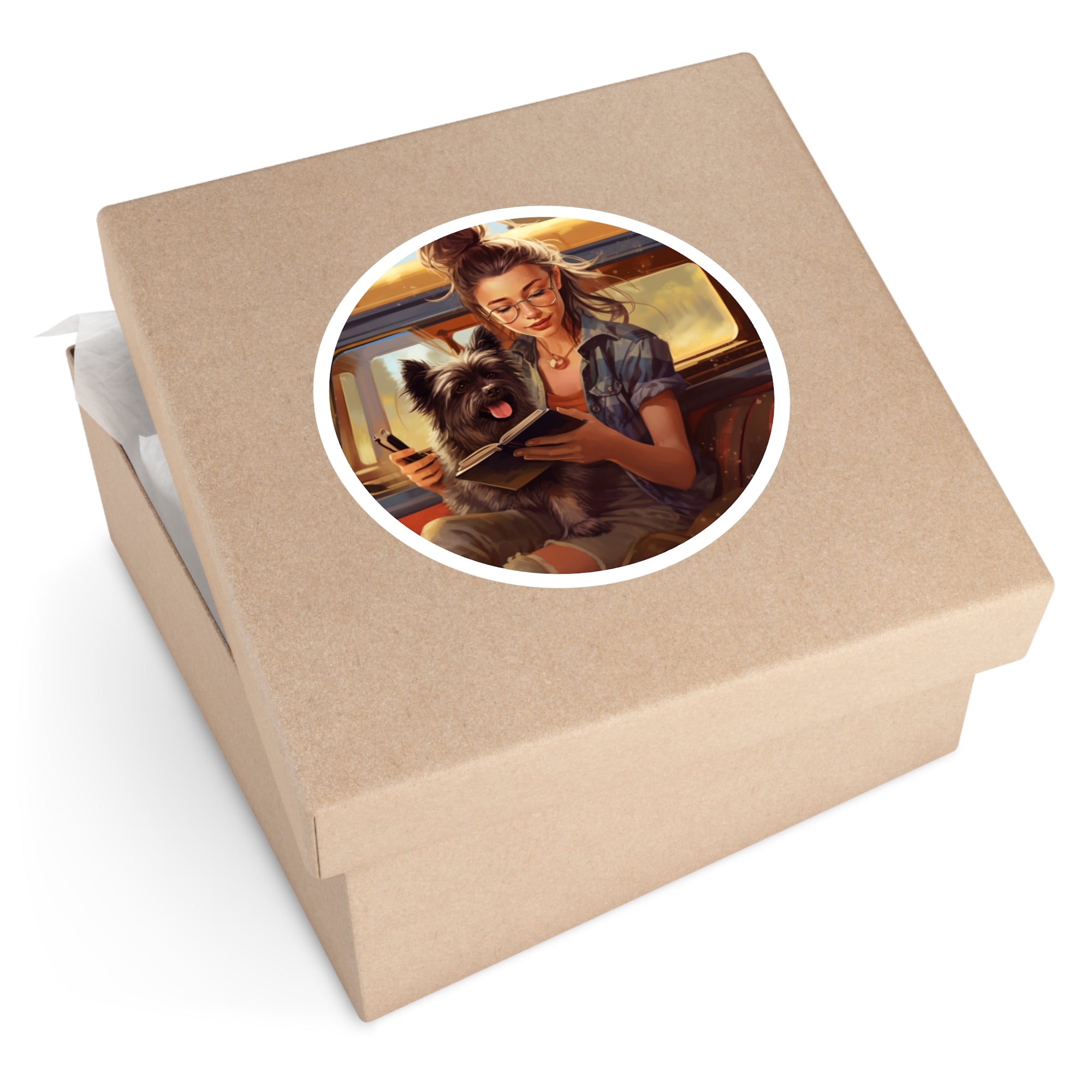 Girl Reading with Terrier Sticker, Cozy Moment, Book Lover Art, Calm Aesthetic