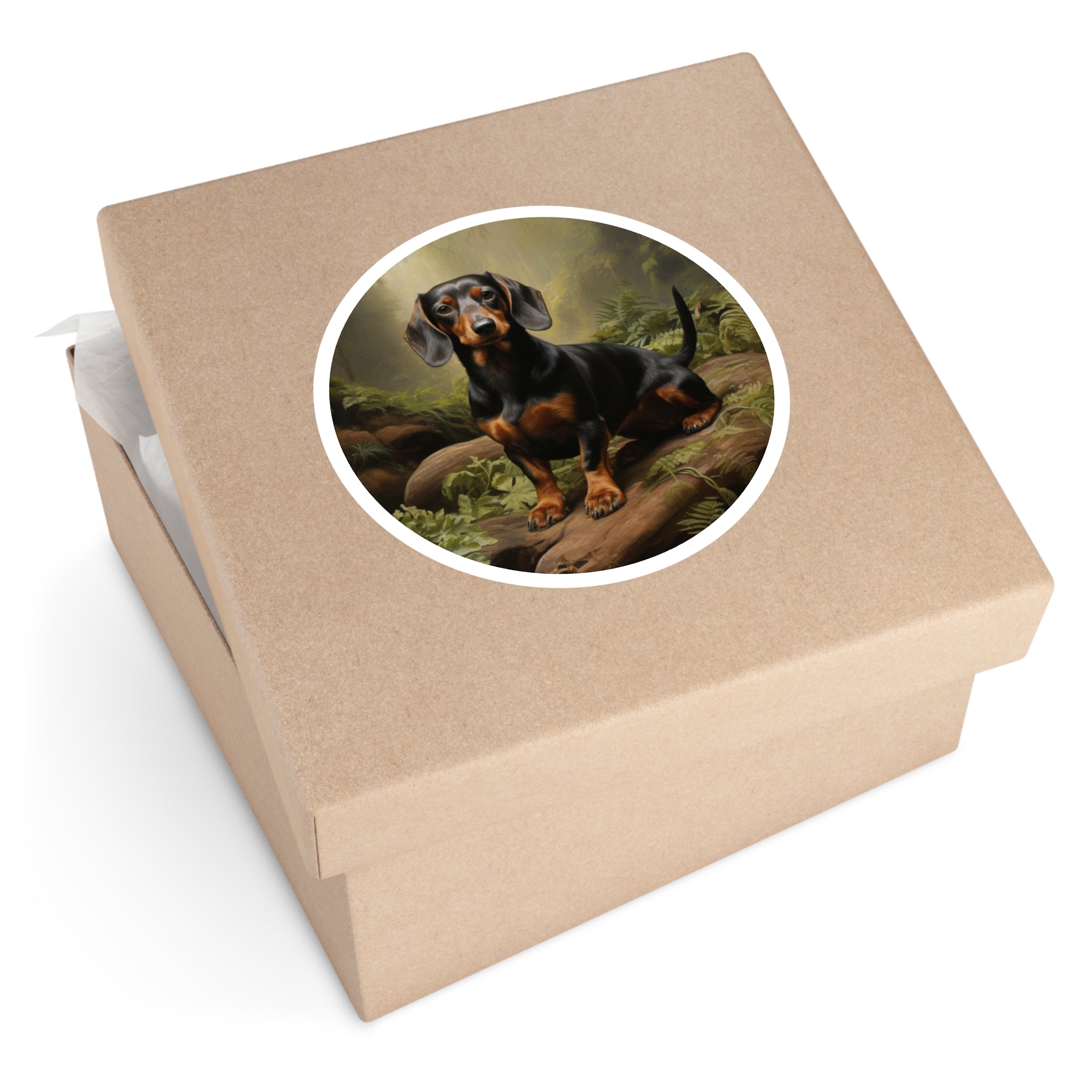 Dachshund Forest Sticker, Realistic Dog Art, Nature Scene, Peaceful Pet Aesthetic