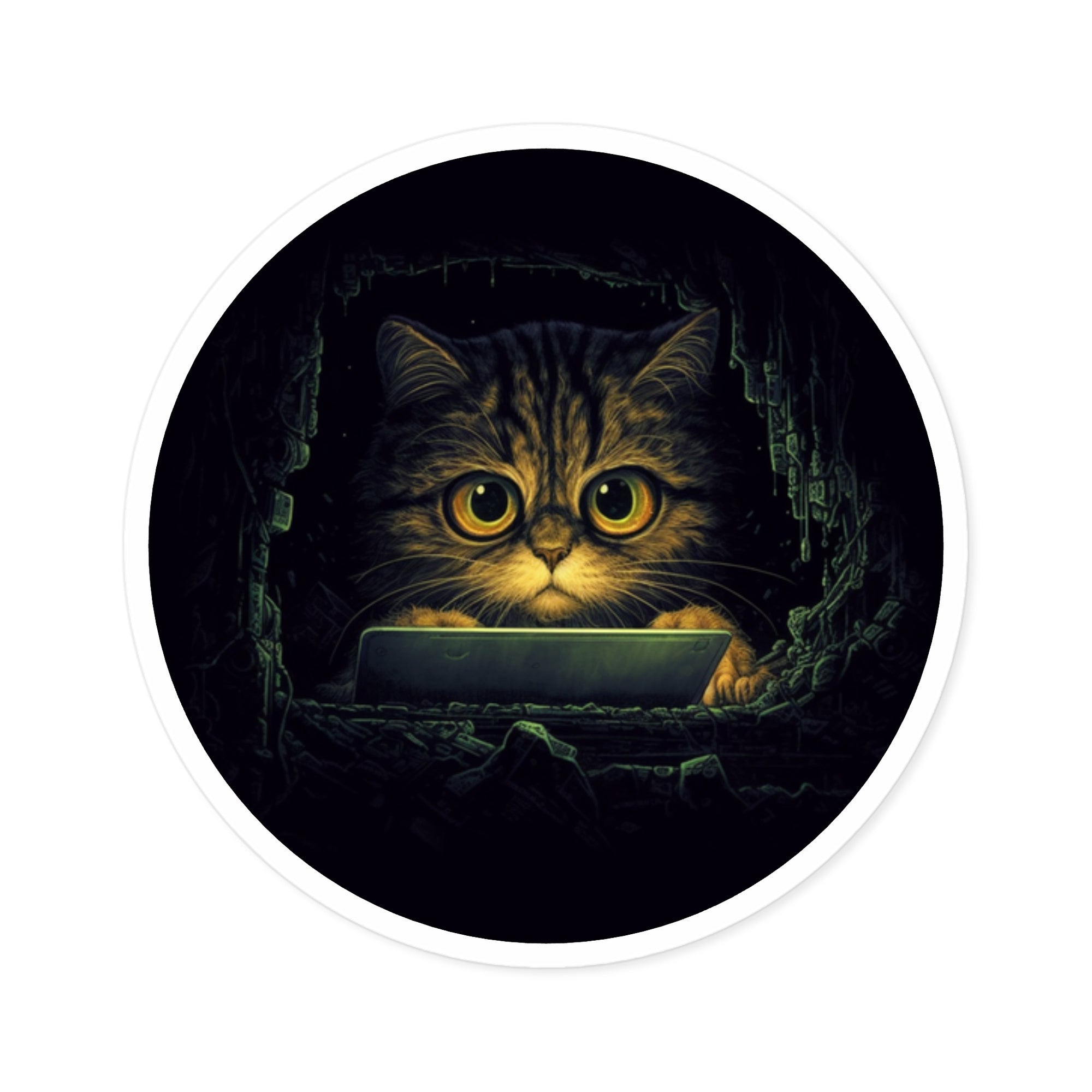 Big-Eyed Cat Hacker, Funny Laptop Sticker, Cute Feline Design, Tech Humor